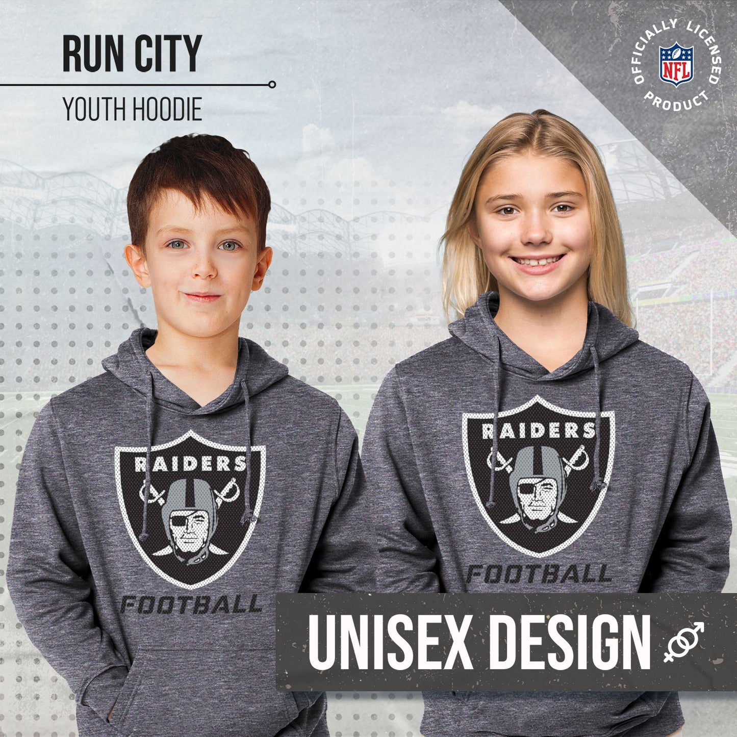 Las Vegas Raiders NFL Youth Run City Hoodie- Kids Pro Football Pullover Sweatshirt- Officially Licensed - Sport Gray