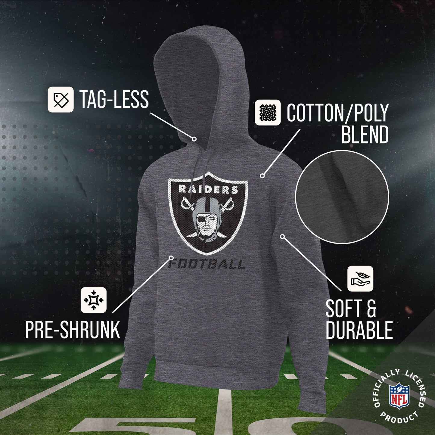 Las Vegas Raiders NFL Youth Run City Hoodie- Kids Pro Football Pullover Sweatshirt- Officially Licensed - Sport Gray