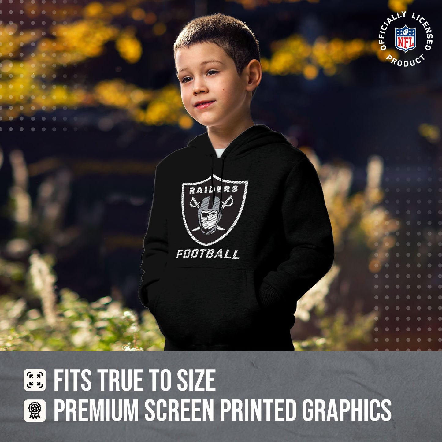 Las Vegas Raiders NFL Youth Run City Hoodie- Kids Pro Football Pullover Sweatshirt- Officially Licensed - Black