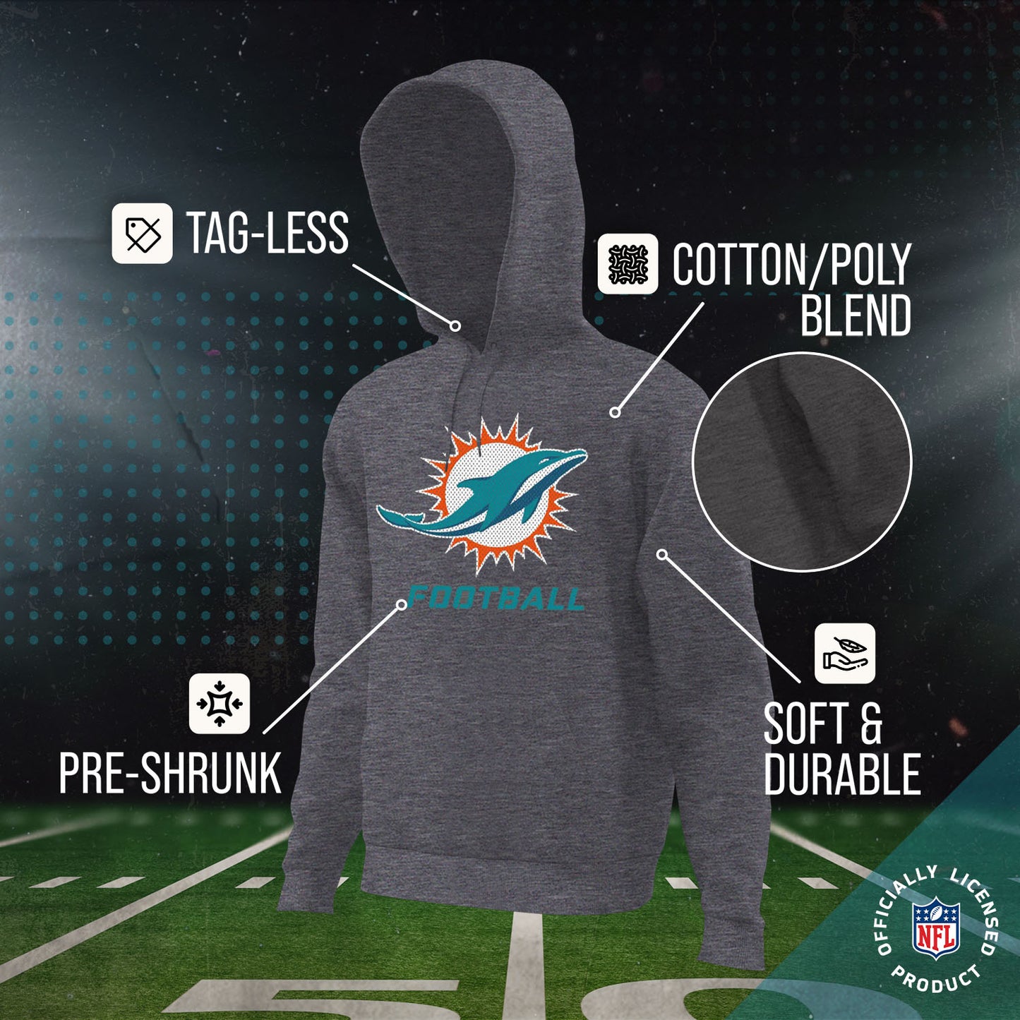 Miami Dolphins NFL Youth Run City Hoodie- Kids Pro Football Pullover Sweatshirt- Officially Licensed - Sport Gray