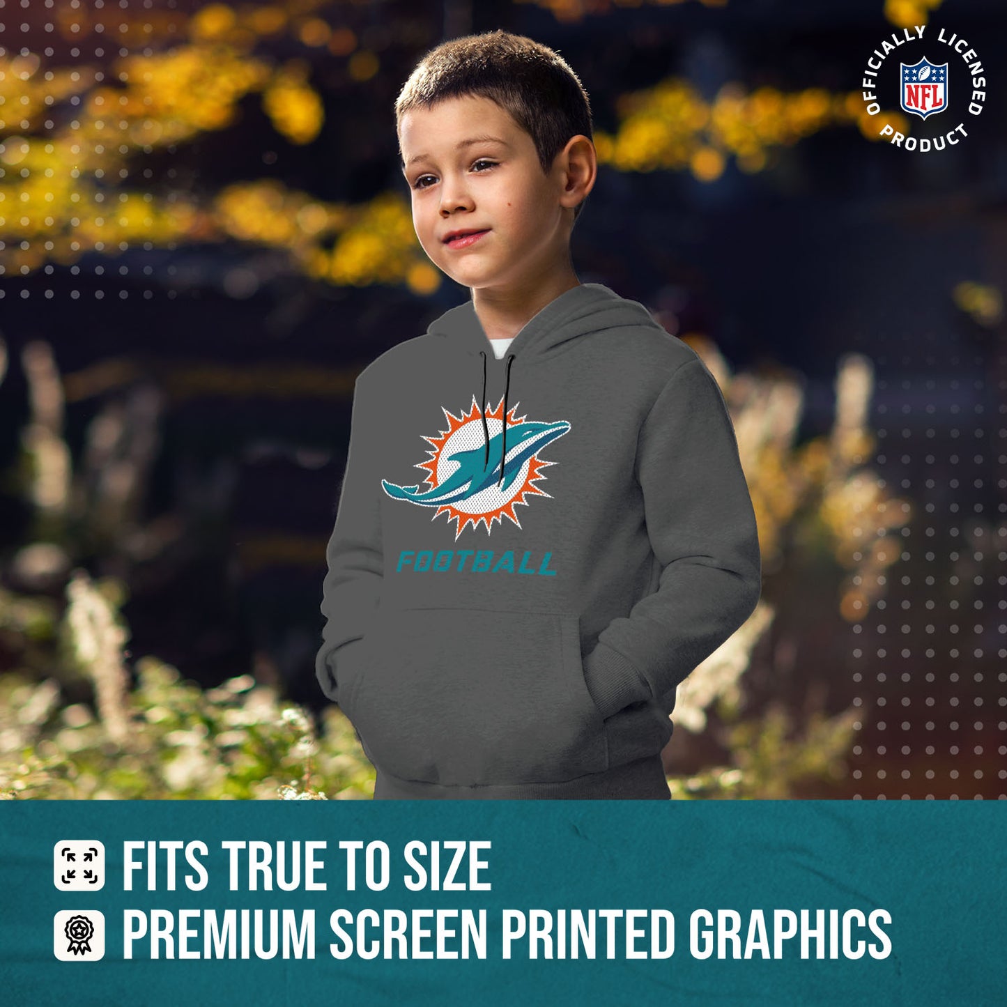 Miami Dolphins NFL Youth Run City Hoodie- Kids Pro Football Pullover Sweatshirt- Officially Licensed - Sport Gray