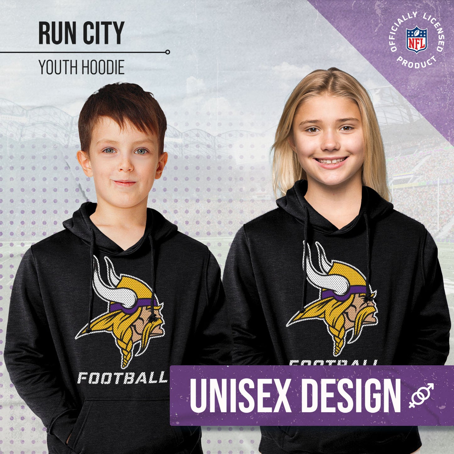 Minnesota Vikings NFL Youth Run City Hoodie- Kids Pro Football Pullover Sweatshirt- Officially Licensed - Black