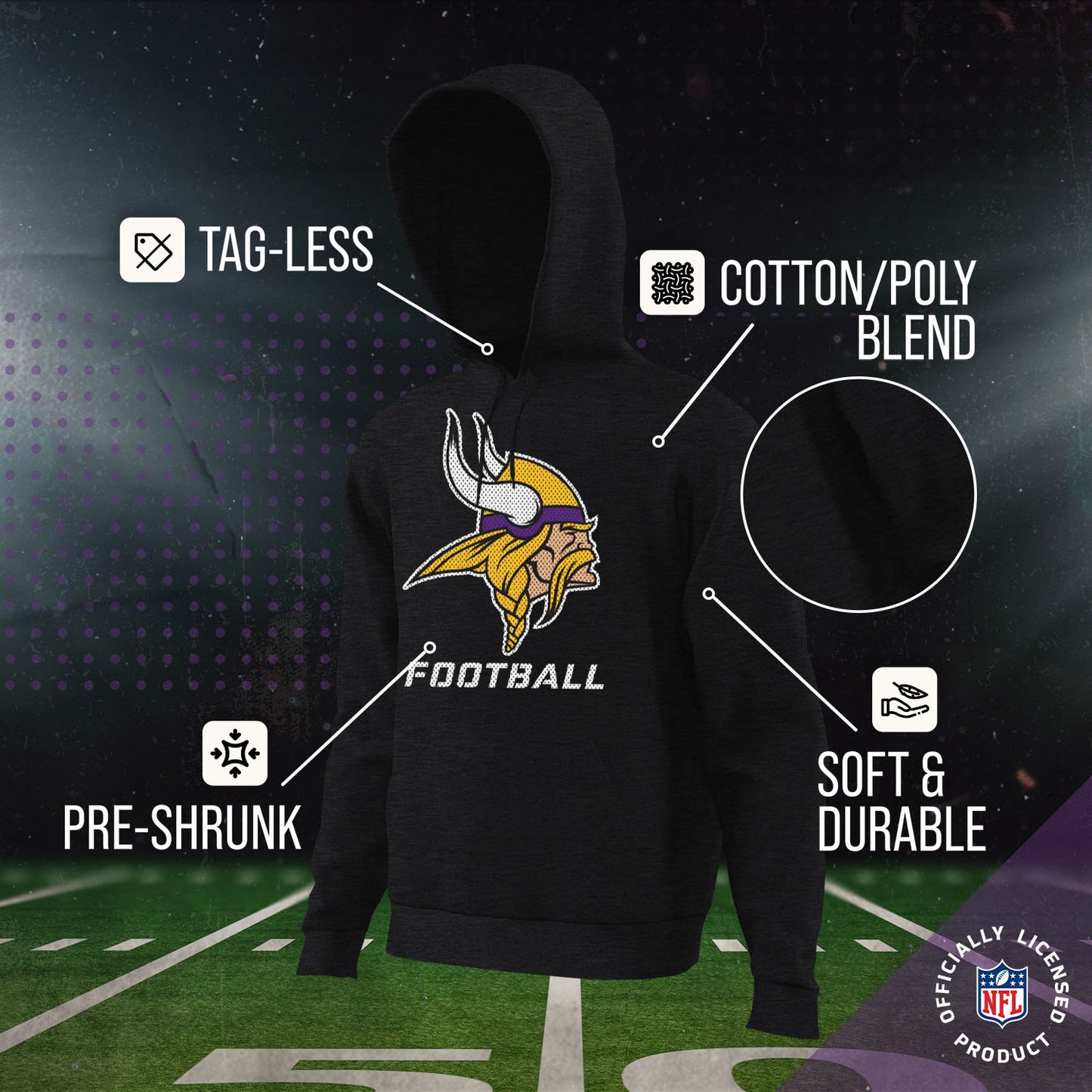 Minnesota Vikings NFL Youth Run City Hoodie- Kids Pro Football Pullover Sweatshirt- Officially Licensed - Black