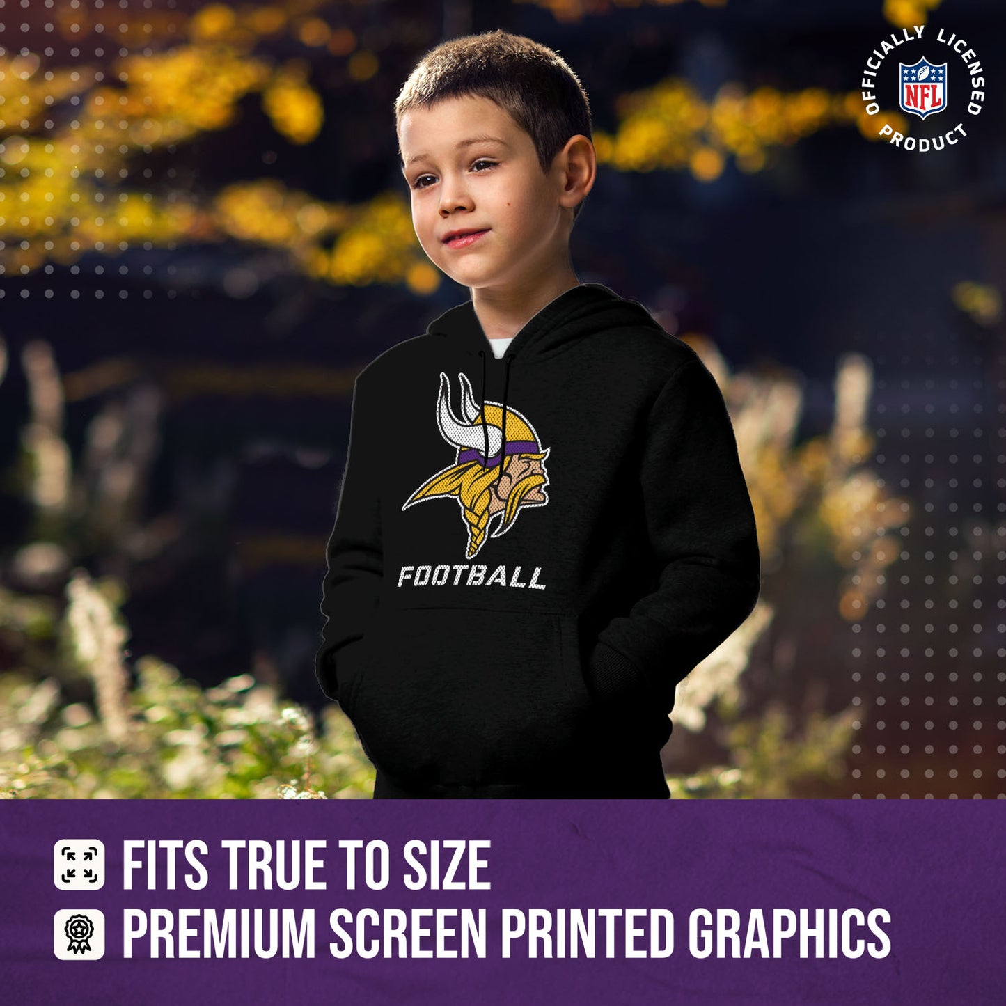 Minnesota Vikings NFL Youth Run City Hoodie- Kids Pro Football Pullover Sweatshirt- Officially Licensed - Black