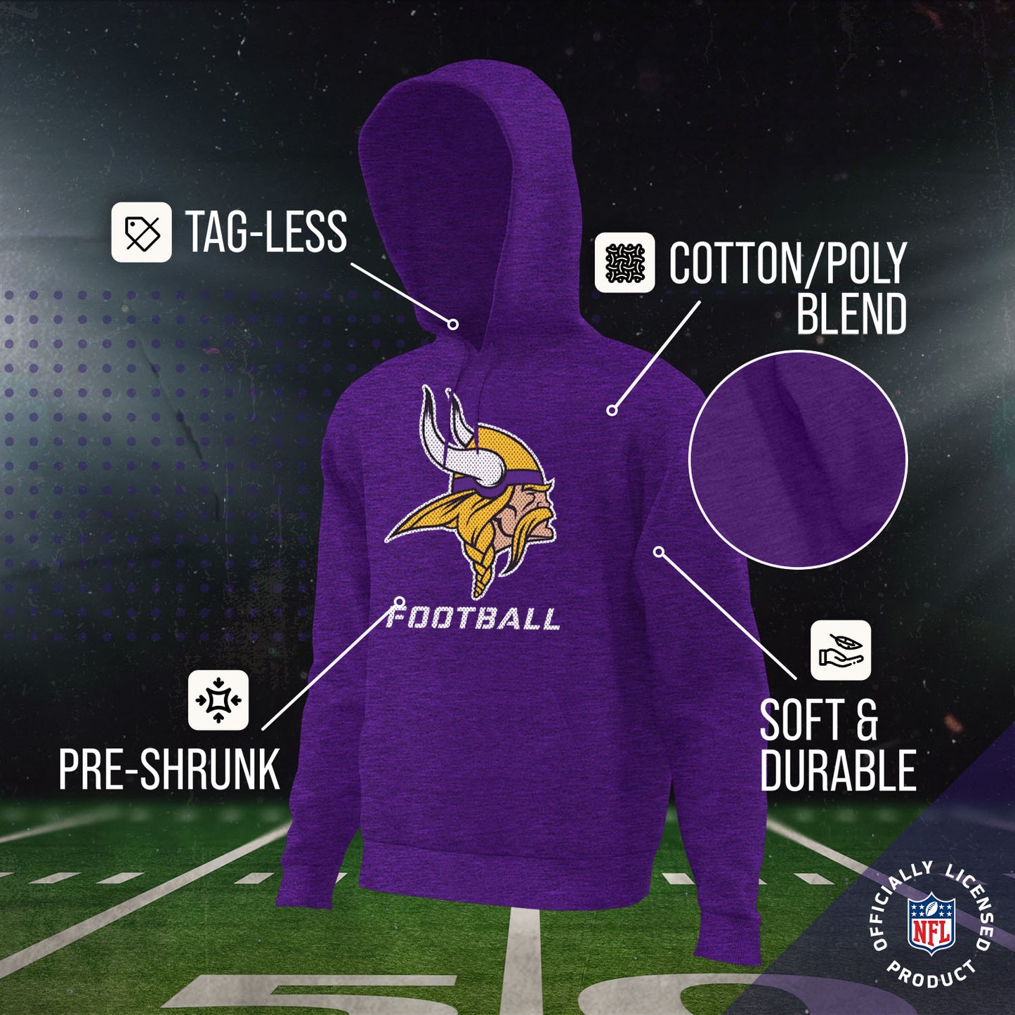 Minnesota Vikings NFL Youth Run City Hoodie- Kids Pro Football Pullover Sweatshirt- Officially Licensed - Purple