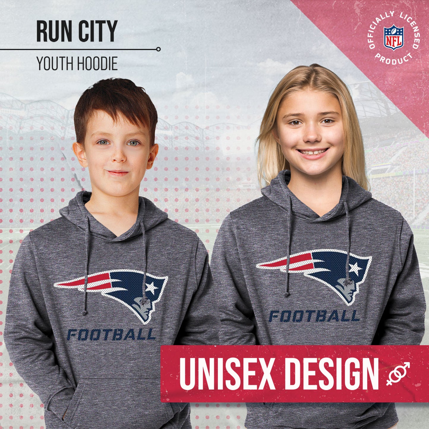 New England Patriots NFL Youth Run City Hoodie- Kids Pro Football Pullover Sweatshirt- Officially Licensed - Sport Gray