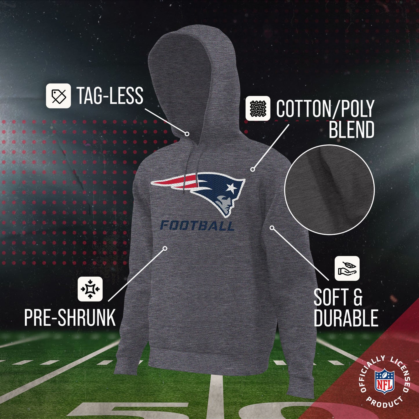 New England Patriots NFL Youth Run City Hoodie- Kids Pro Football Pullover Sweatshirt- Officially Licensed - Sport Gray