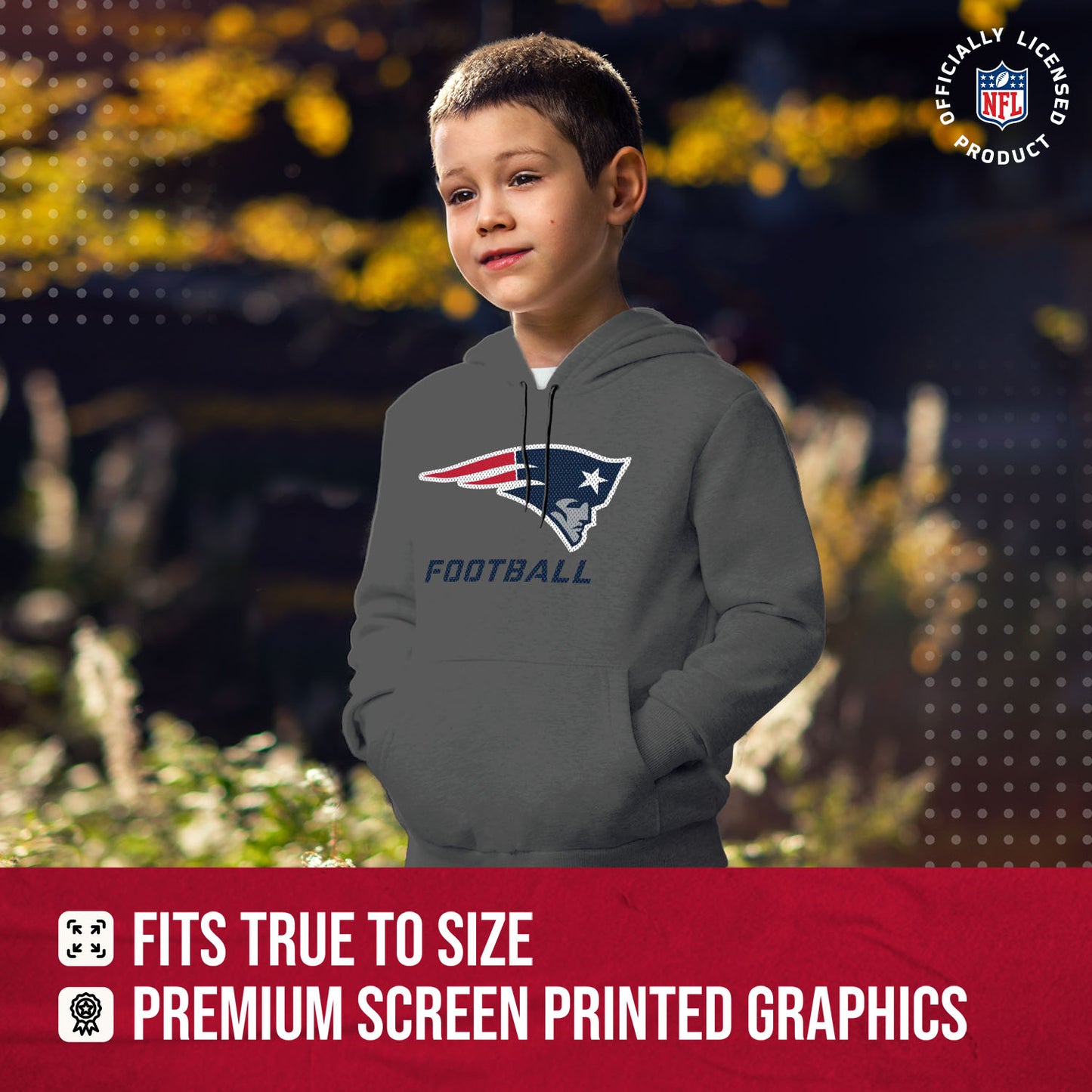 New England Patriots NFL Youth Run City Hoodie- Kids Pro Football Pullover Sweatshirt- Officially Licensed - Sport Gray