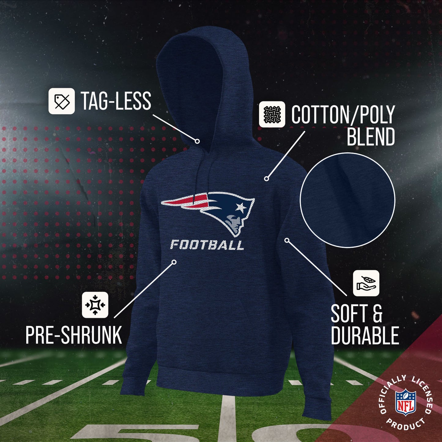 New England Patriots NFL Youth Run City Hoodie- Kids Pro Football Pullover Sweatshirt- Officially Licensed - Navy