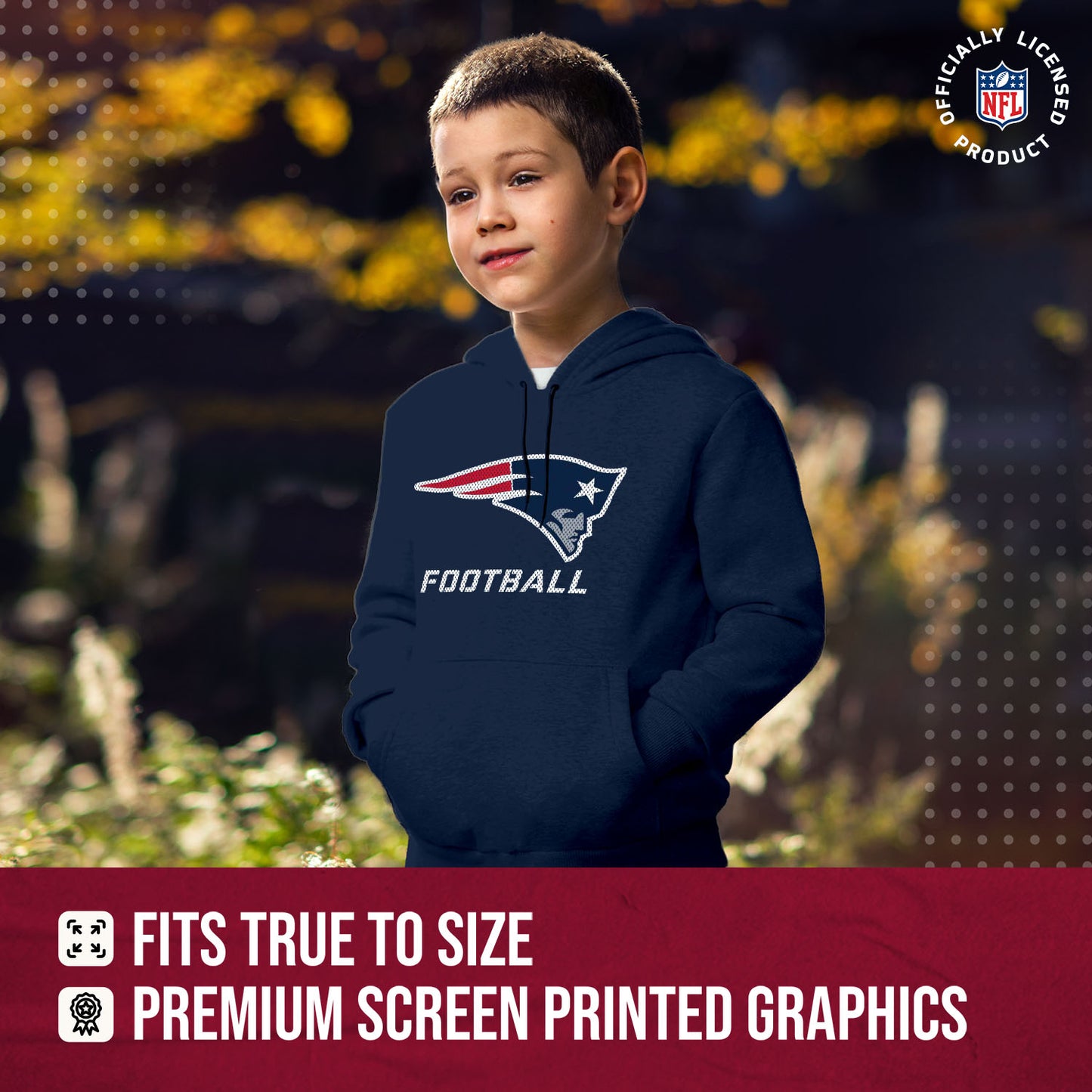 New England Patriots NFL Youth Run City Hoodie- Kids Pro Football Pullover Sweatshirt- Officially Licensed - Navy