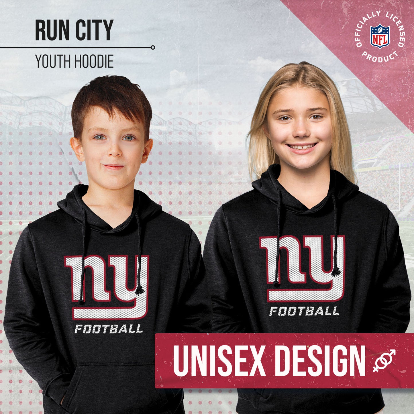 New York Giants NFL Youth Run City Hoodie- Kids Pro Football Pullover Sweatshirt- Officially Licensed - Black