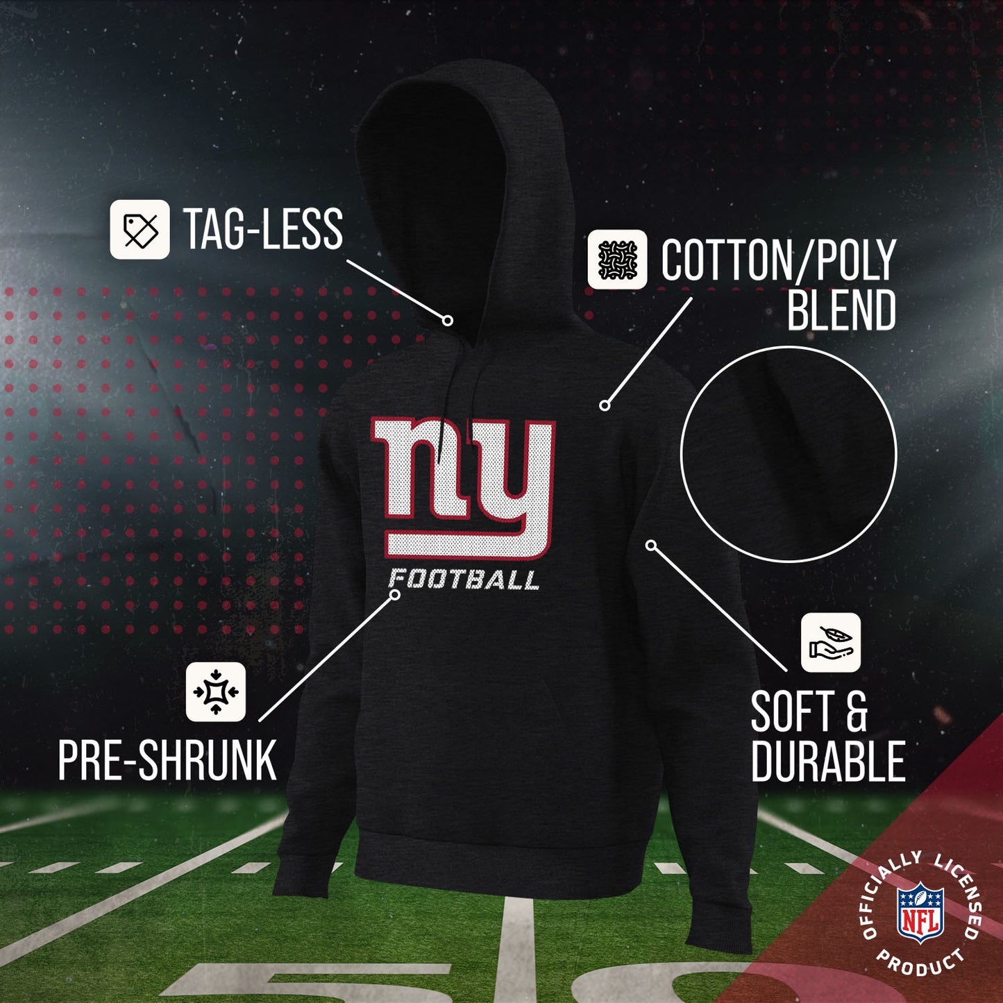 New York Giants NFL Youth Run City Hoodie- Kids Pro Football Pullover Sweatshirt- Officially Licensed - Black