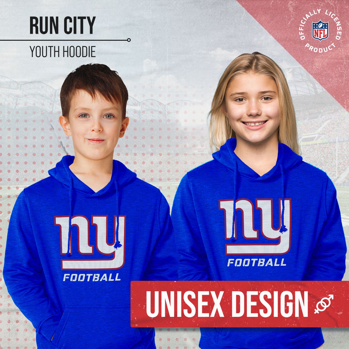 New York Giants NFL Youth Run City Hoodie- Kids Pro Football Pullover Sweatshirt- Officially Licensed - Royal