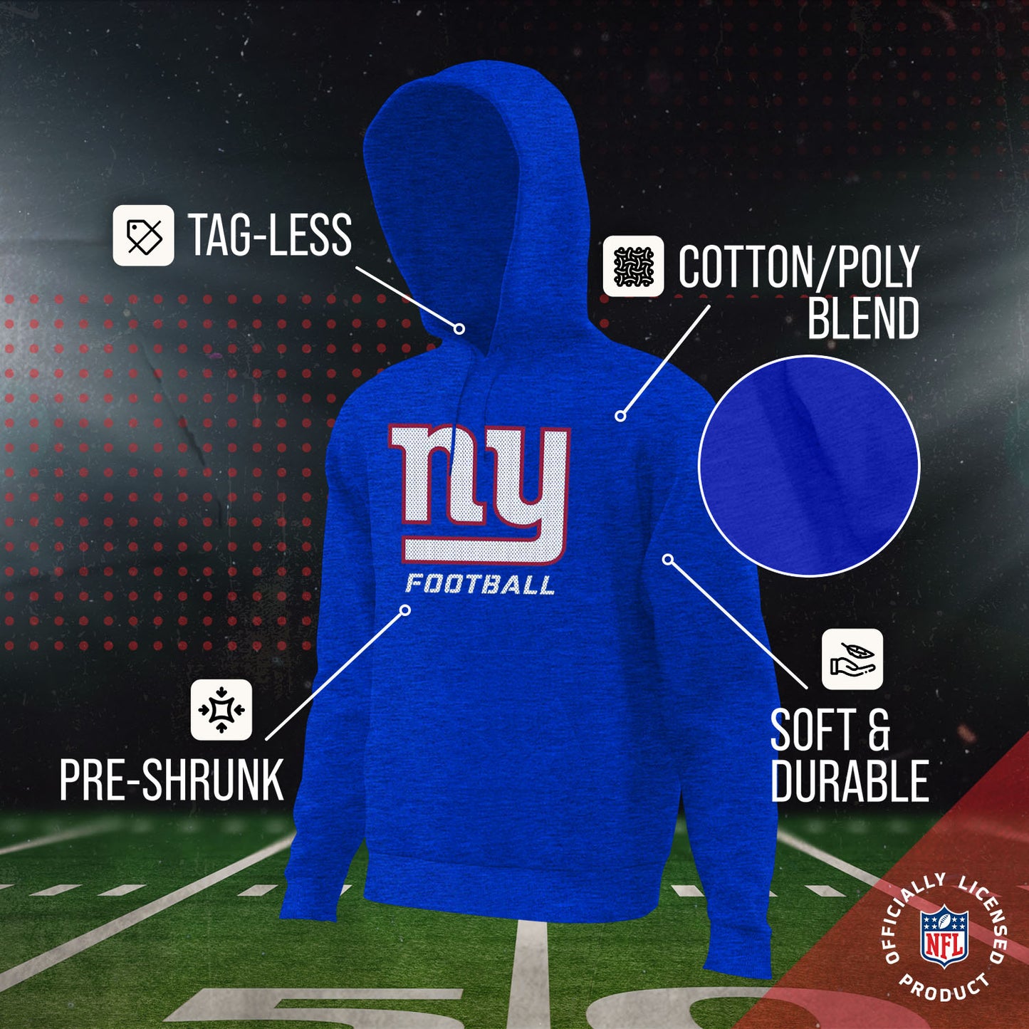 New York Giants NFL Youth Run City Hoodie- Kids Pro Football Pullover Sweatshirt- Officially Licensed - Royal