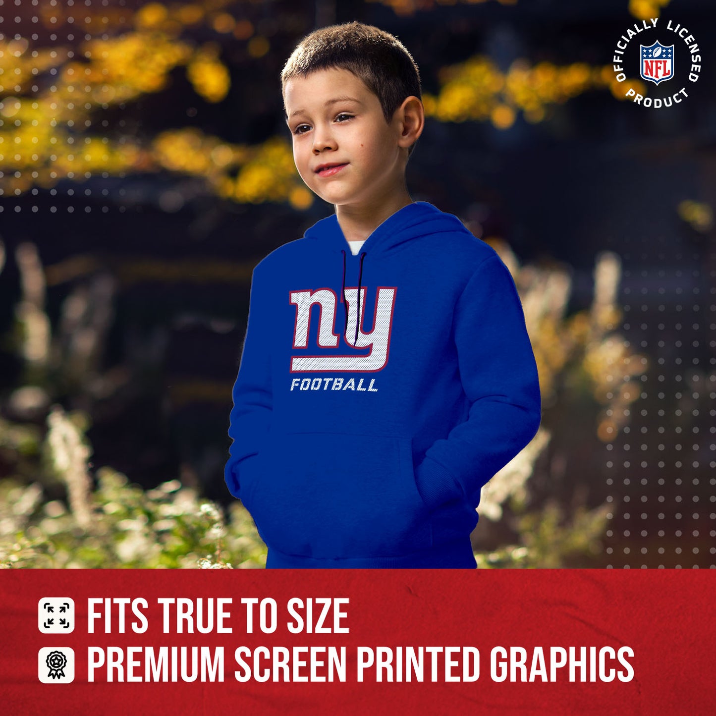 New York Giants NFL Youth Run City Hoodie- Kids Pro Football Pullover Sweatshirt- Officially Licensed - Royal