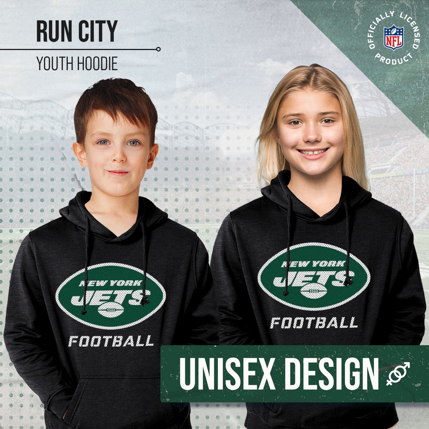 New York Jets NFL Youth Run City Hoodie- Kids Pro Football Pullover Sweatshirt- Officially Licensed - Black
