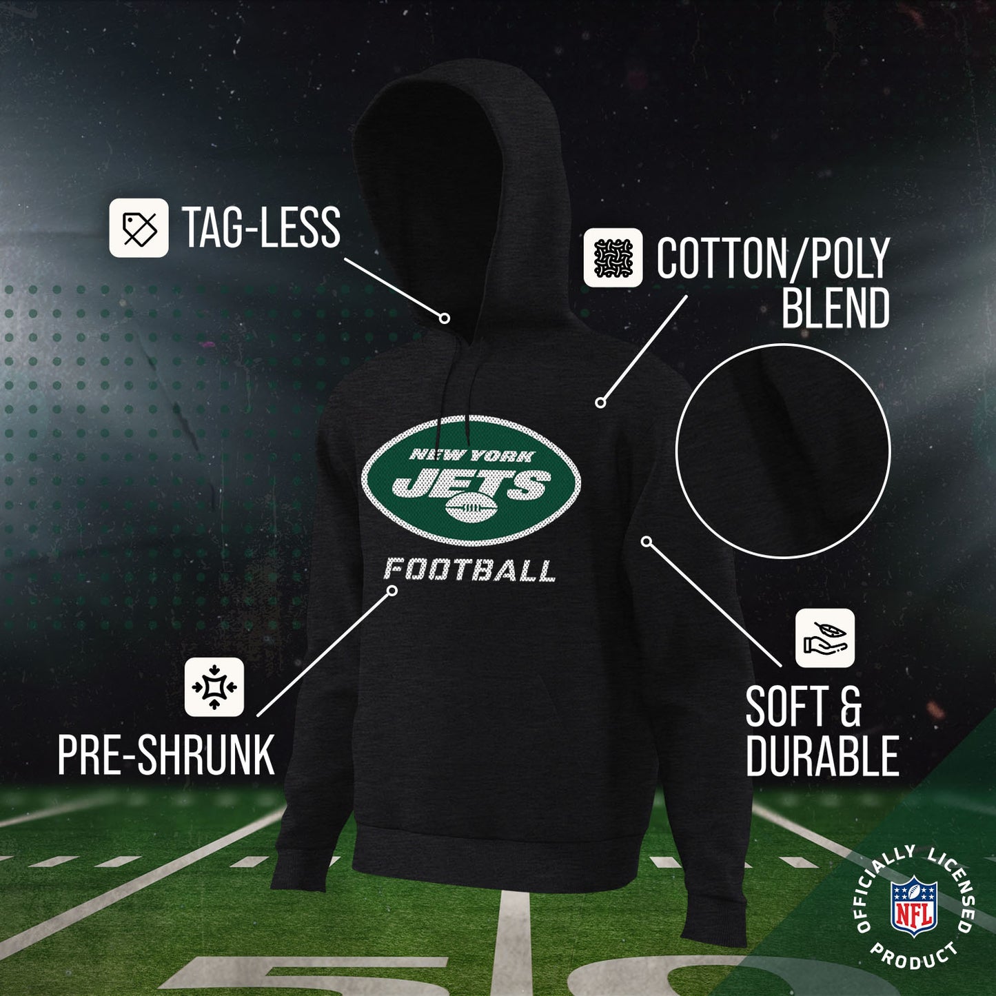 New York Jets NFL Youth Run City Hoodie- Kids Pro Football Pullover Sweatshirt- Officially Licensed - Black