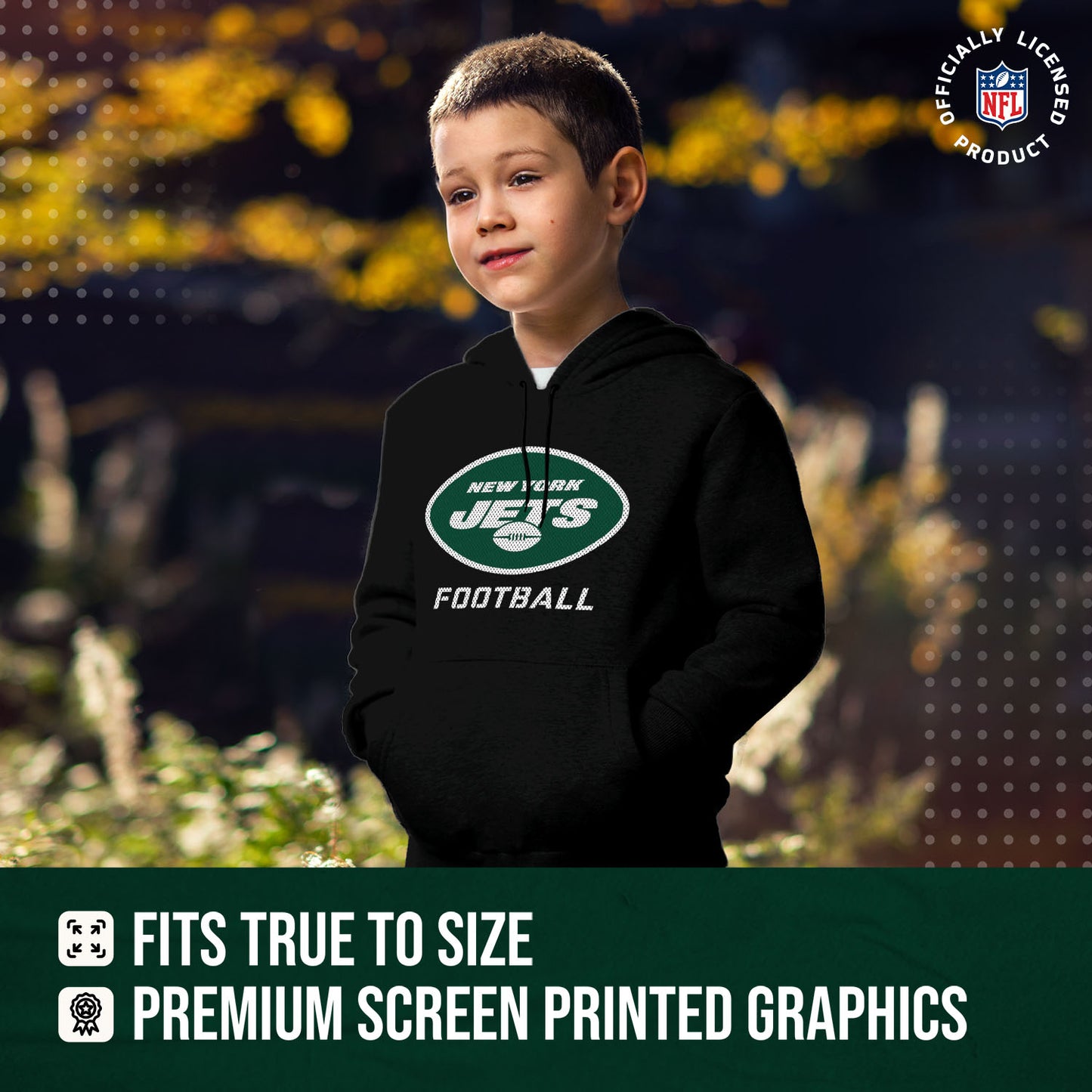 New York Jets NFL Youth Run City Hoodie- Kids Pro Football Pullover Sweatshirt- Officially Licensed - Black