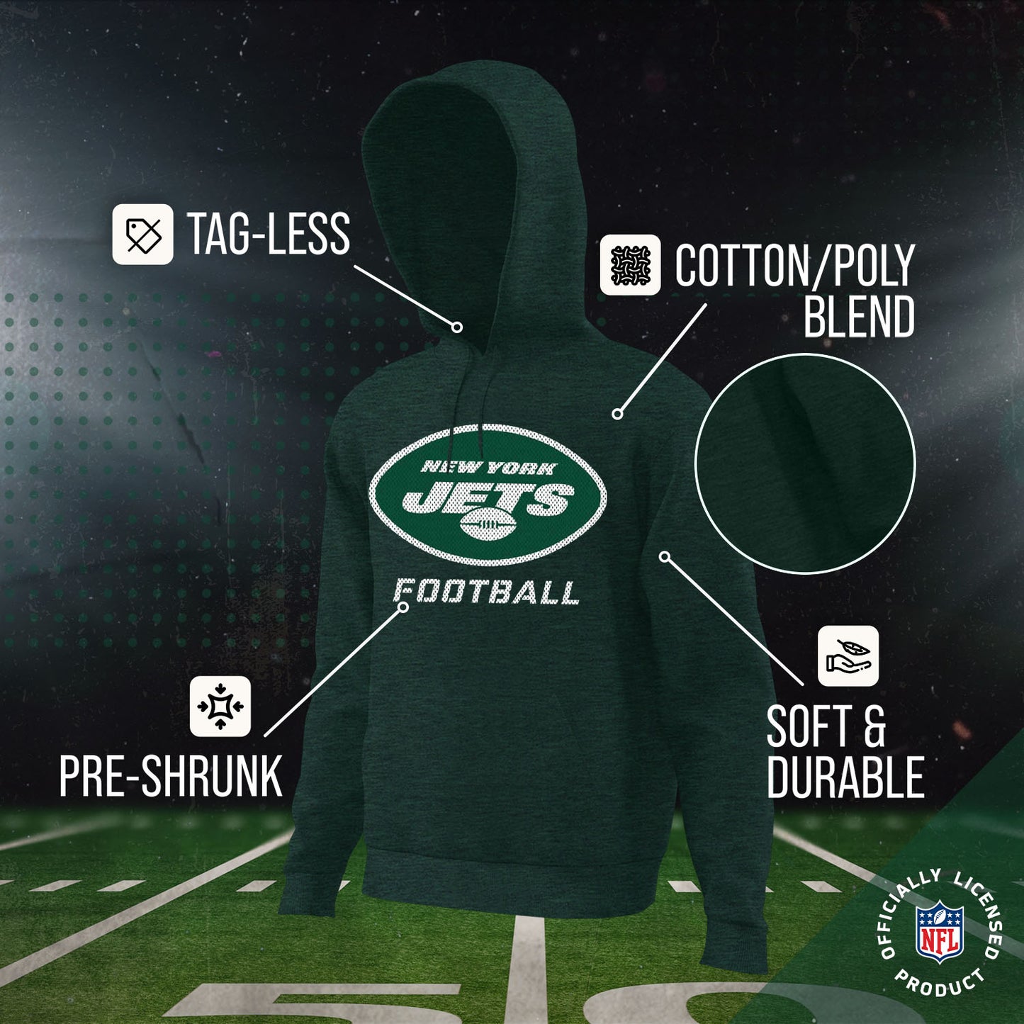 New York Jets NFL Youth Run City Hoodie- Kids Pro Football Pullover Sweatshirt- Officially Licensed - Green