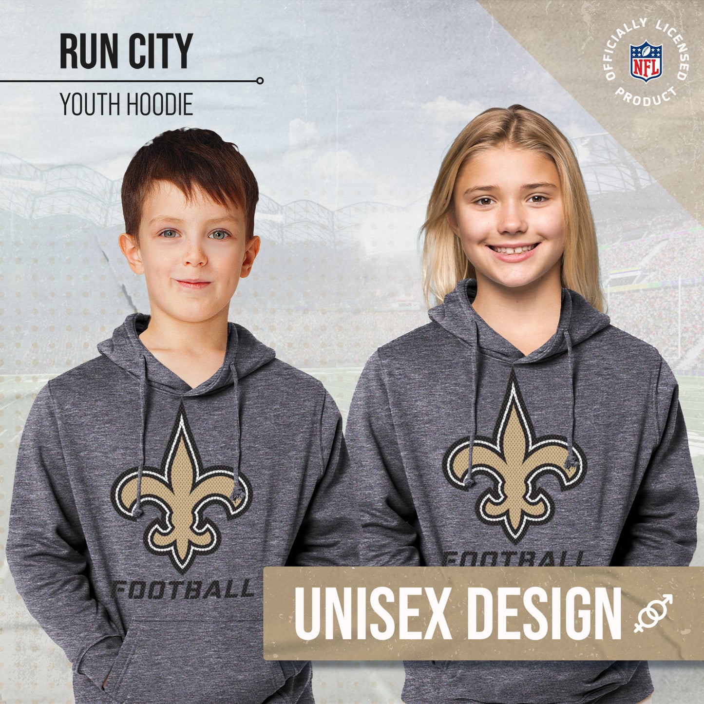 New Orleans Saints NFL Youth Run City Hoodie- Kids Pro Football Pullover Sweatshirt- Officially Licensed - Sport Gray