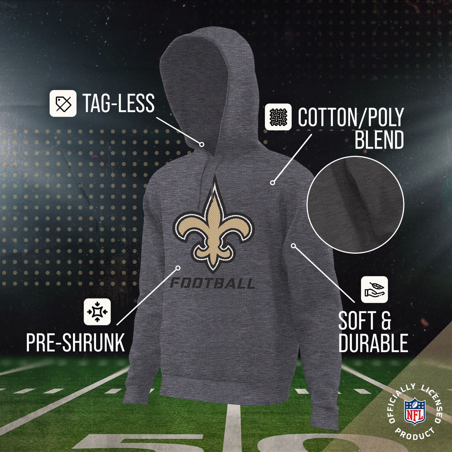 New Orleans Saints NFL Youth Run City Hoodie- Kids Pro Football Pullover Sweatshirt- Officially Licensed - Sport Gray