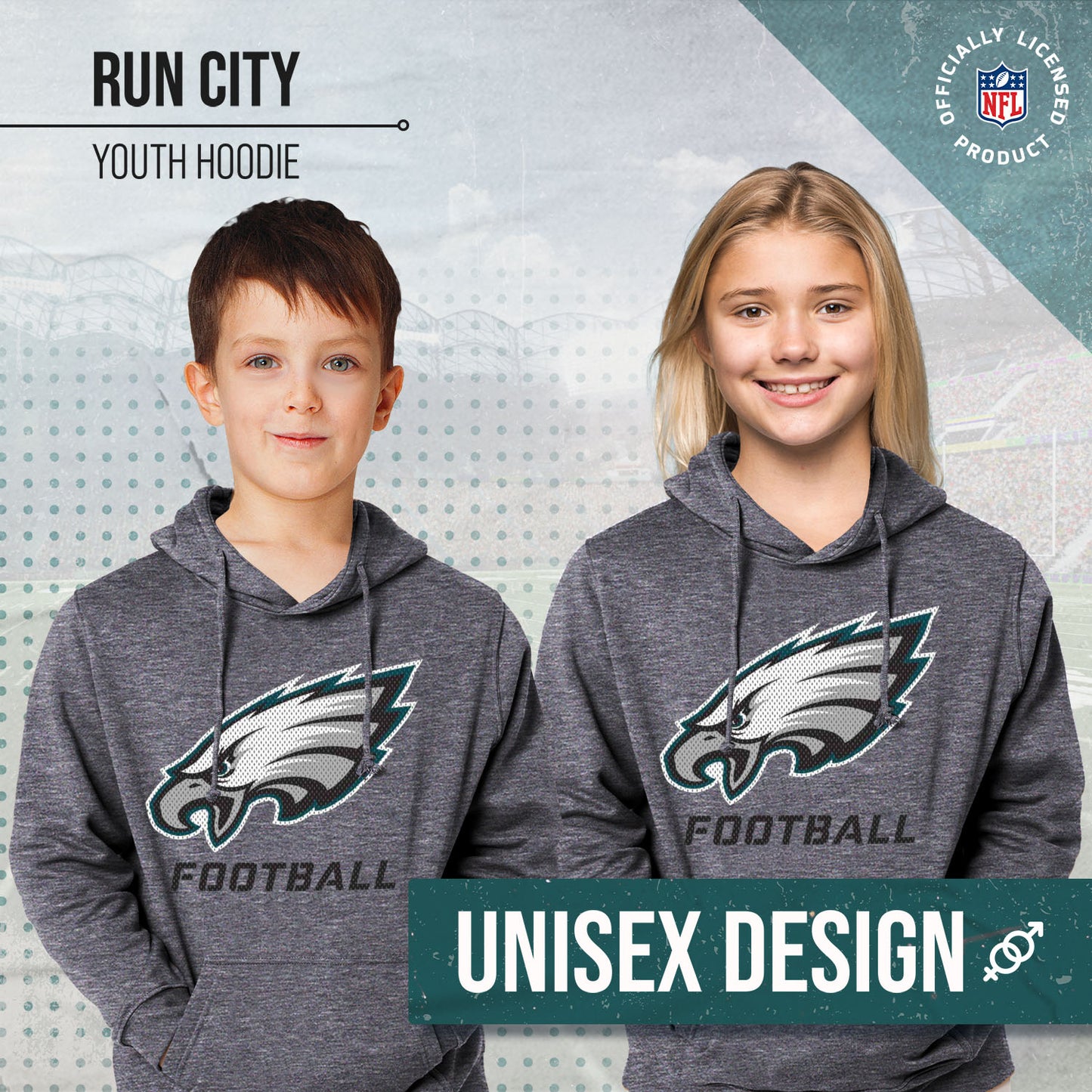 Philadelphia Eagles NFL Youth Run City Hoodie- Kids Pro Football Pullover Sweatshirt- Officially Licensed - Sport Gray