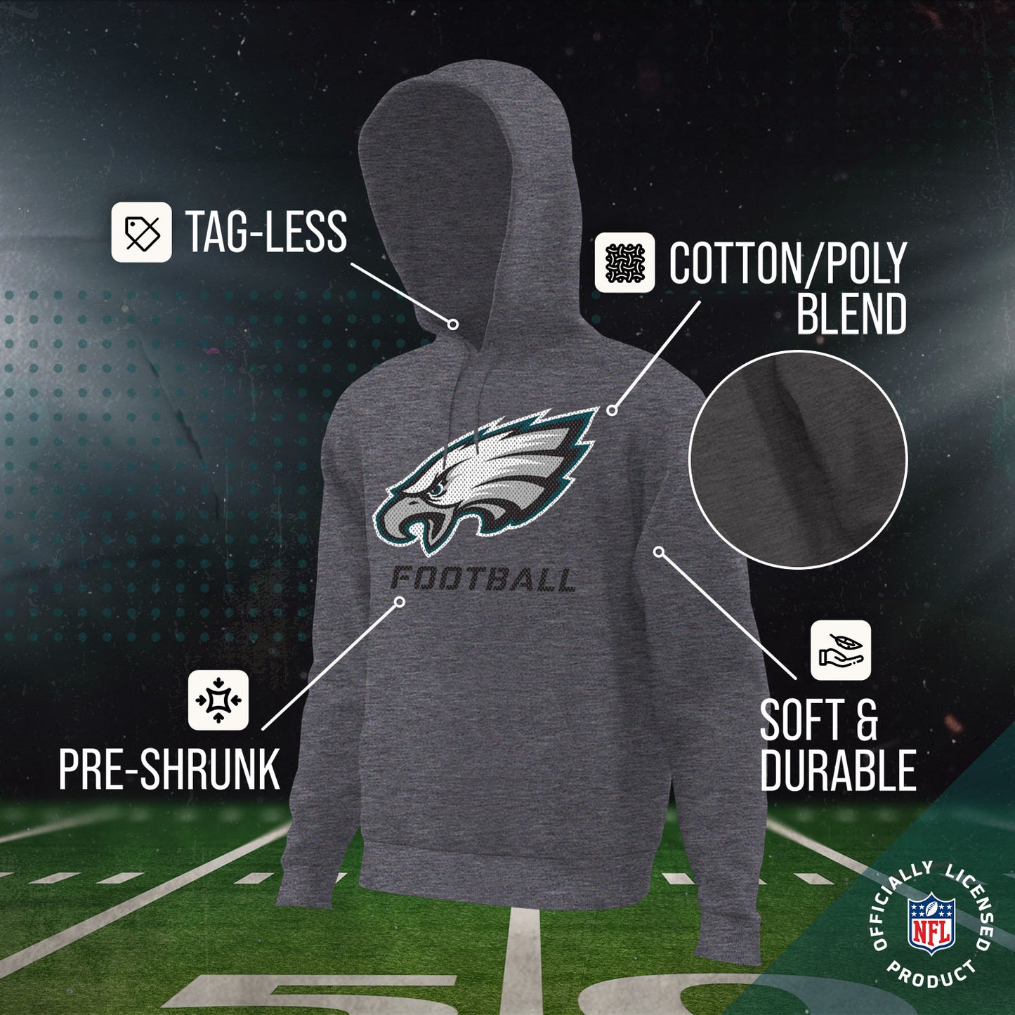 Philadelphia Eagles NFL Youth Run City Hoodie- Kids Pro Football Pullover Sweatshirt- Officially Licensed - Sport Gray