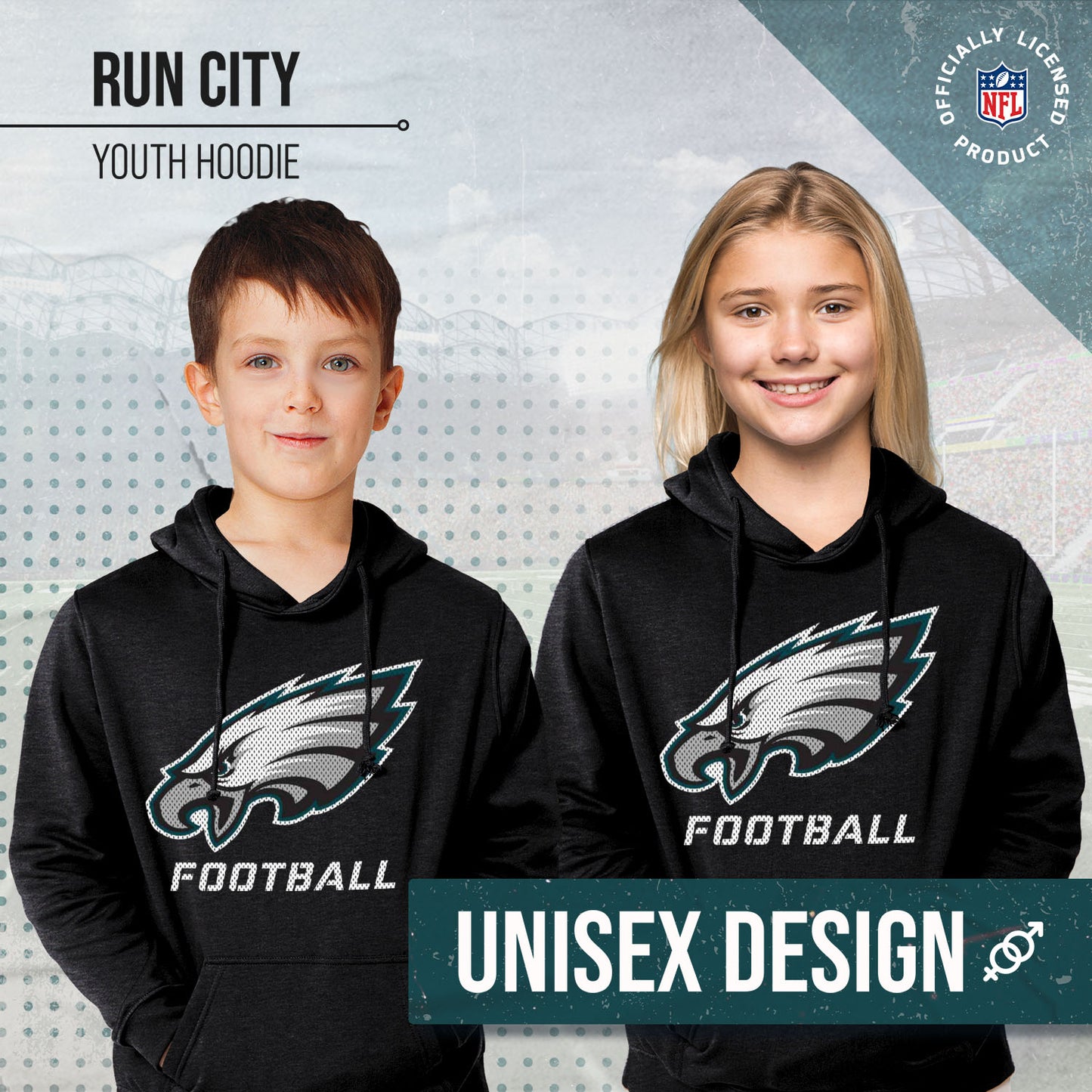 Philadelphia Eagles NFL Youth Run City Hoodie- Kids Pro Football Pullover Sweatshirt- Officially Licensed - Black