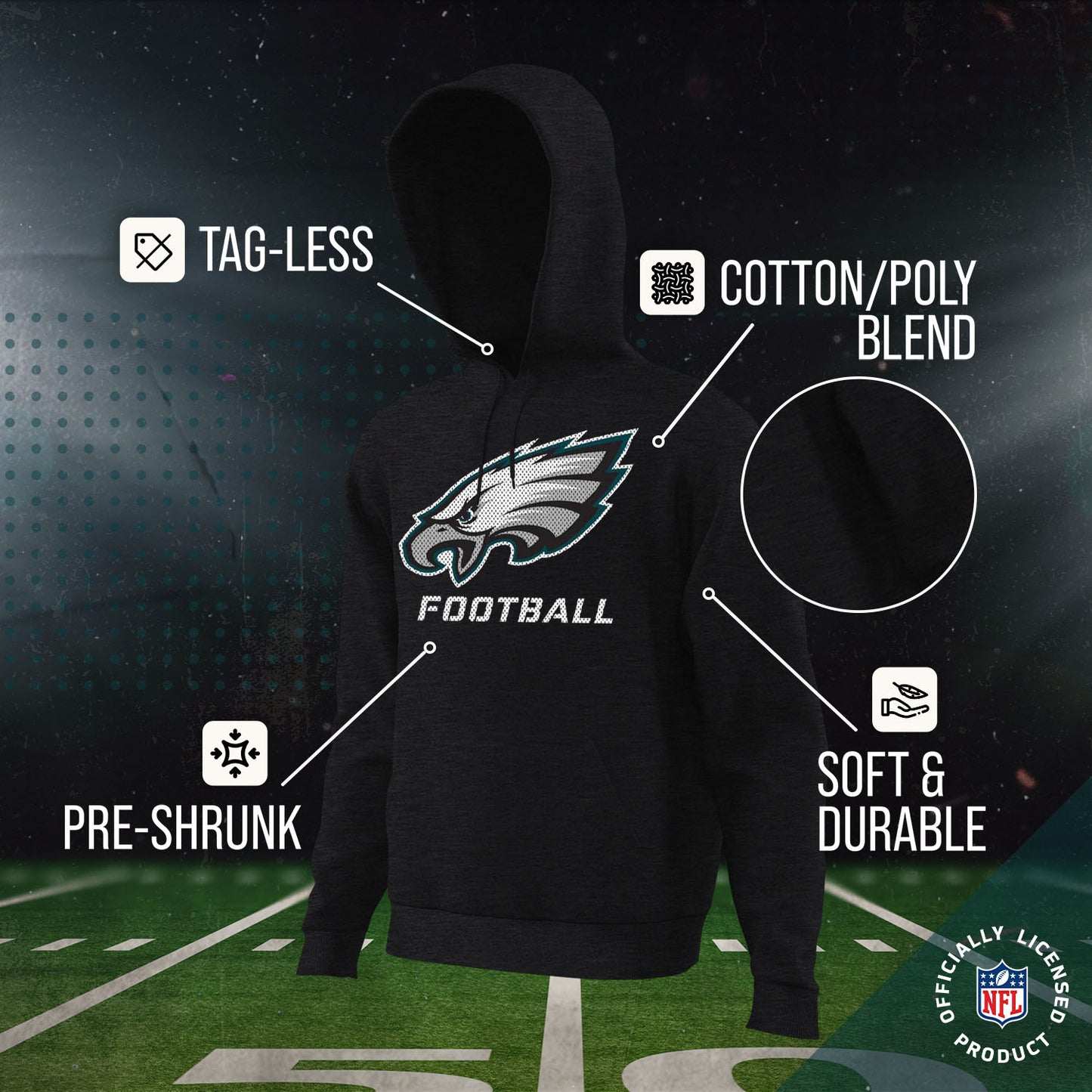 Philadelphia Eagles NFL Youth Run City Hoodie- Kids Pro Football Pullover Sweatshirt- Officially Licensed - Black