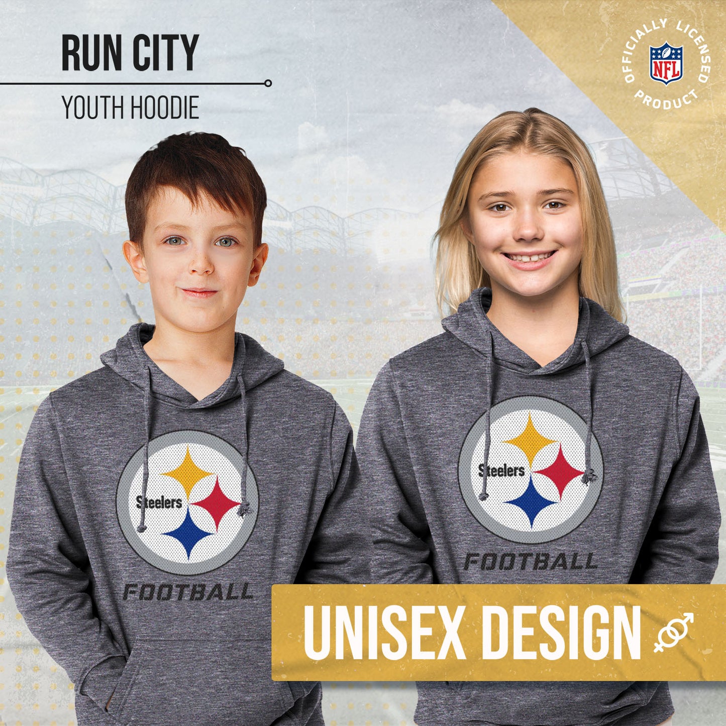 Pittsburgh Steelers NFL Youth Run City Hoodie- Kids Pro Football Pullover Sweatshirt- Officially Licensed - Sport Gray