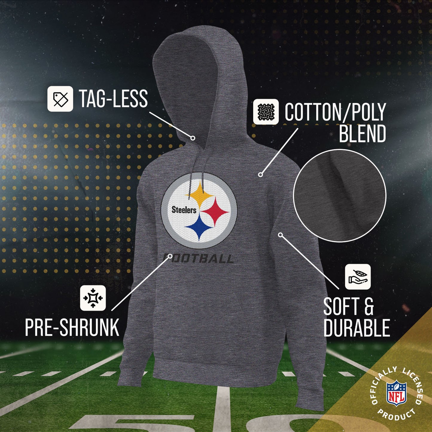 Pittsburgh Steelers NFL Youth Run City Hoodie- Kids Pro Football Pullover Sweatshirt- Officially Licensed - Sport Gray