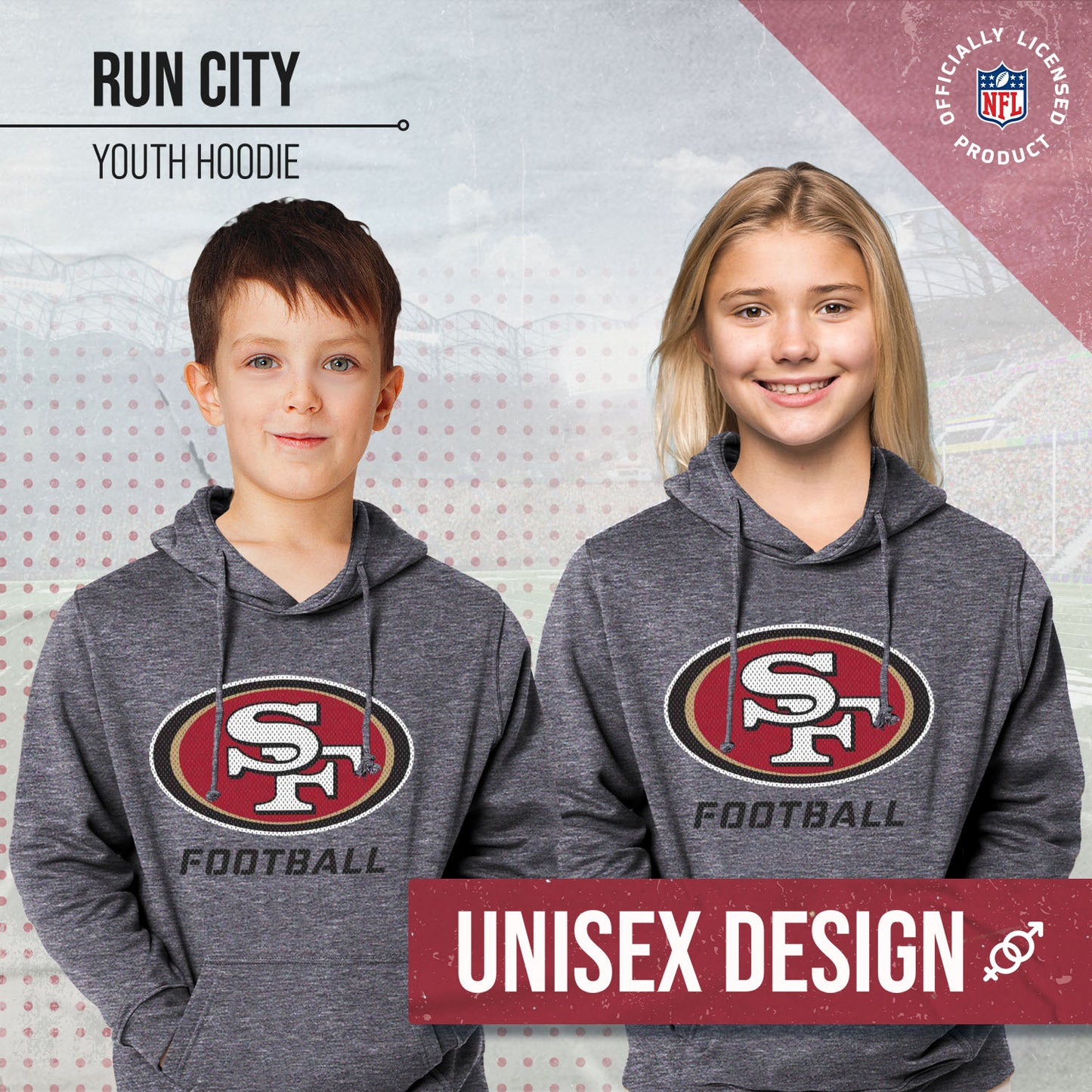 San Francisco 49ers NFL Youth Run City Hoodie- Kids Pro Football Pullover Sweatshirt- Officially Licensed - Sport Gray