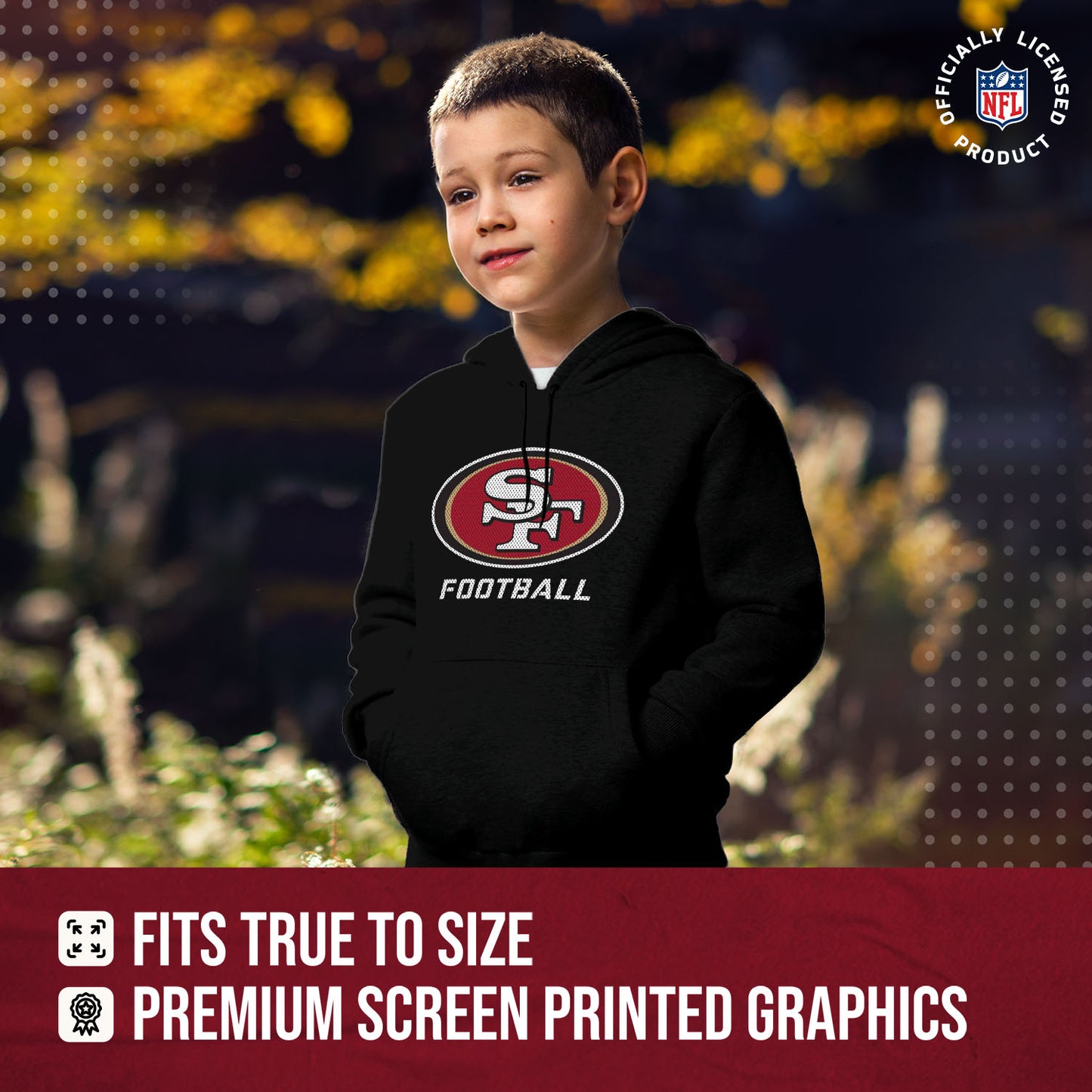 San Francisco 49ers NFL Youth Run City Hoodie- Kids Pro Football Pullover Sweatshirt- Officially Licensed - Black