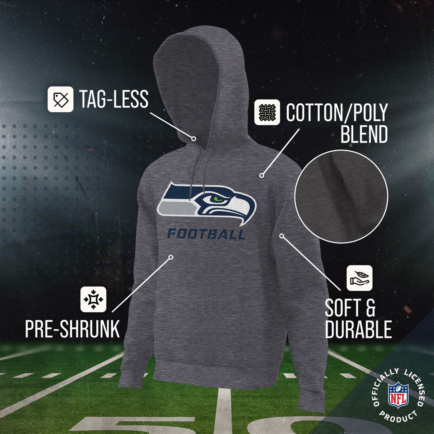 Seattle Seahawks NFL Youth Run City Hoodie- Kids Pro Football Pullover Sweatshirt- Officially Licensed - Sport Gray