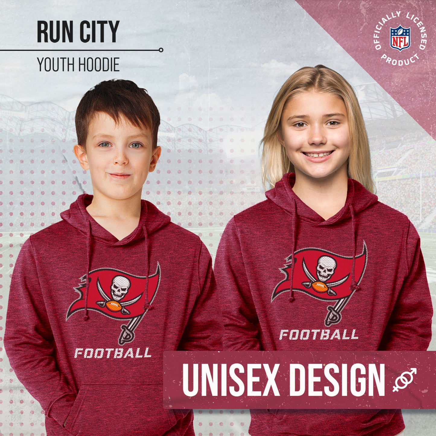 Tampa Bay Buccaneers NFL Youth Run City Hoodie- Kids Pro Football Pullover Sweatshirt- Officially Licensed - Red