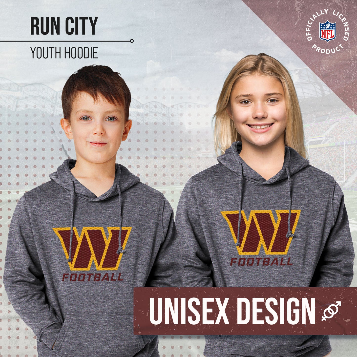 Washington Commanders NFL Youth Run City Hoodie- Kids Pro Football Pullover Sweatshirt- Officially Licensed - Sport Gray