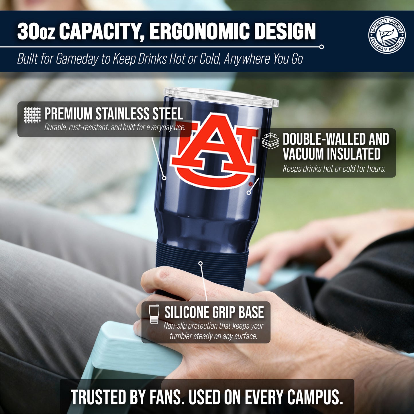 Auburn Tigers NCAA University 30oz Stainless Steel Vacuum Insulated Game Day Tumbler with Silicone Grip - Navy