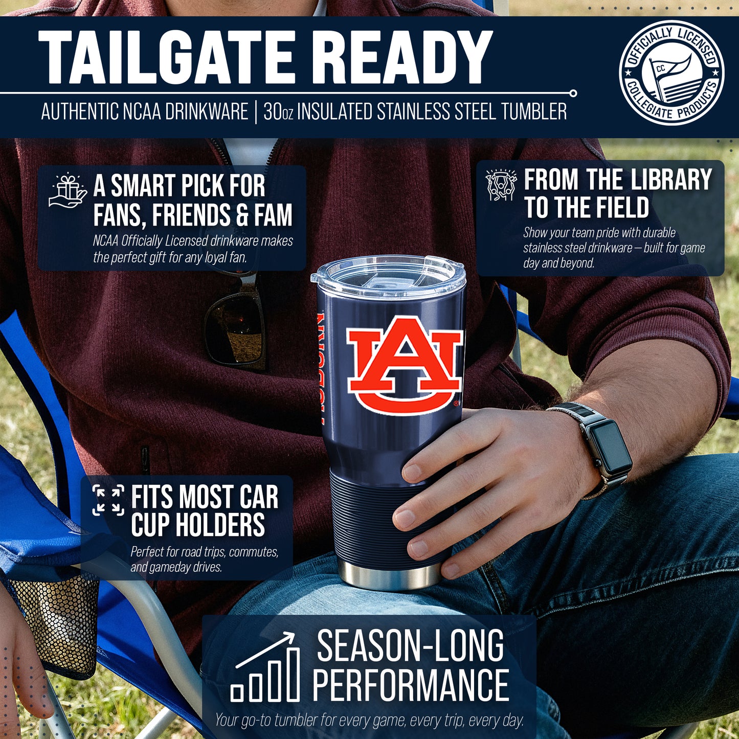 Auburn Tigers NCAA University 30oz Stainless Steel Vacuum Insulated Game Day Tumbler with Silicone Grip - Navy
