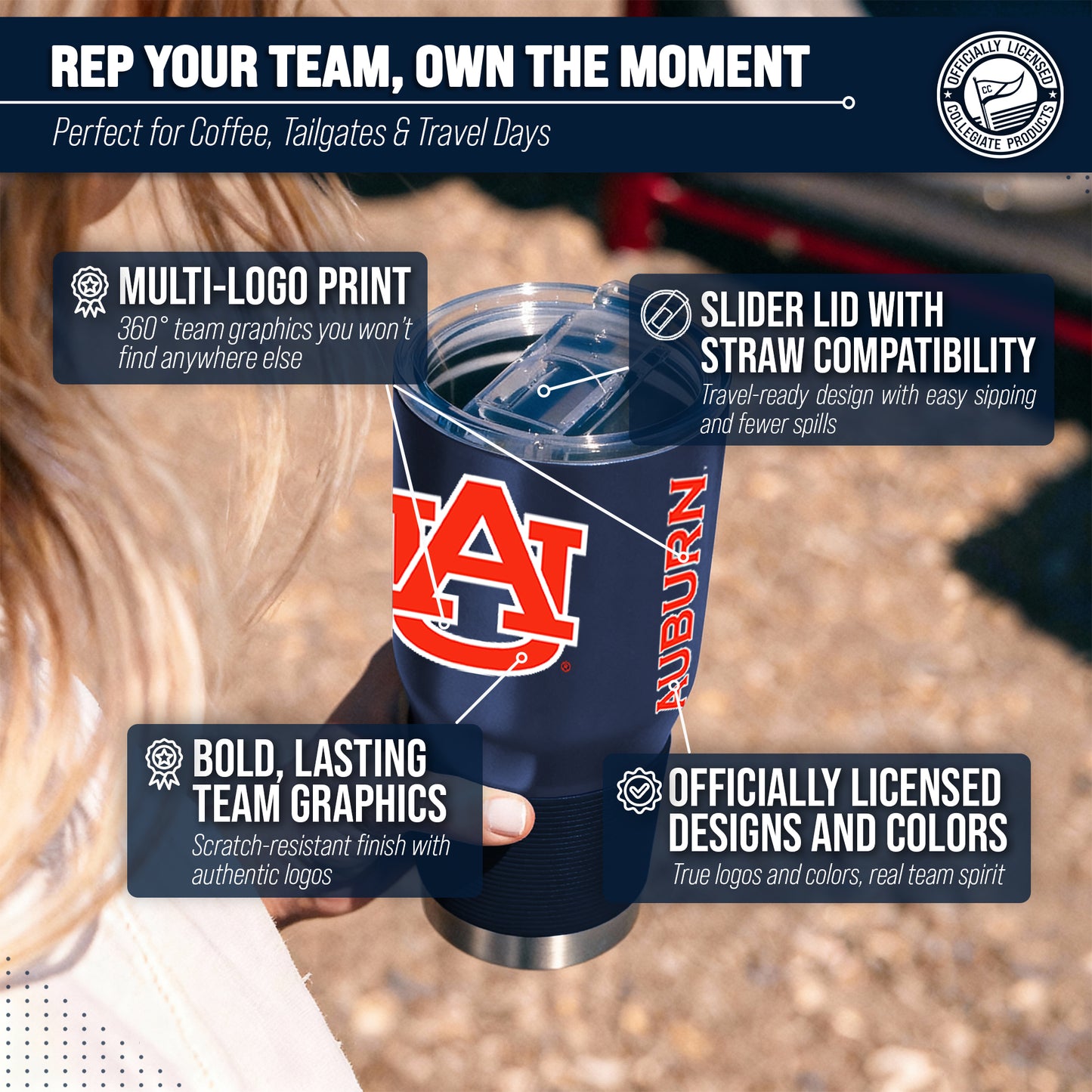 Auburn Tigers NCAA University 30oz Stainless Steel Vacuum Insulated Game Day Tumbler with Silicone Grip - Navy