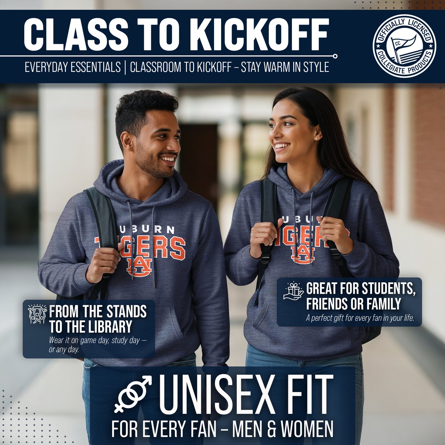 Auburn Tigers NCAA Adult Unisex Starting Fresh Heathered Hooded Fleece Sweatshirt - Navy Heather