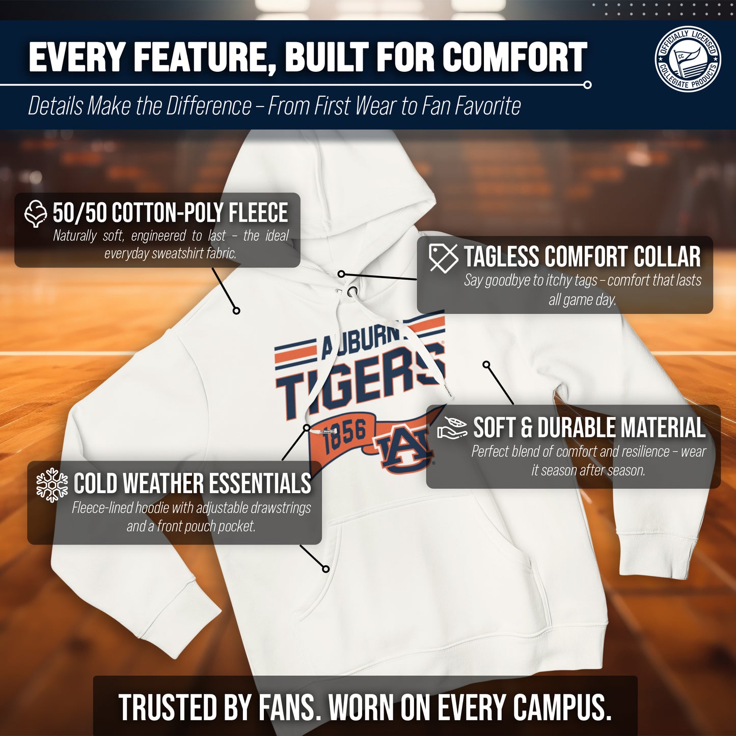 Auburn Tigers NCAA Adult Unisex Varsity Club Pennant Hooded Fleece Sweatshirt - Off White