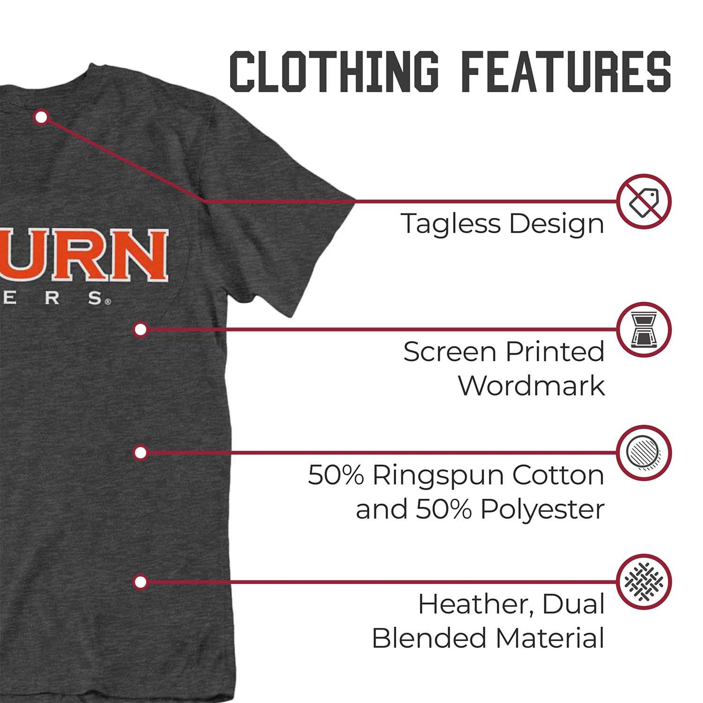 Auburn Tigers Campus Colors NCAA Adult Cotton Blend Charcoal Tagless T-Shirt - Charcoal