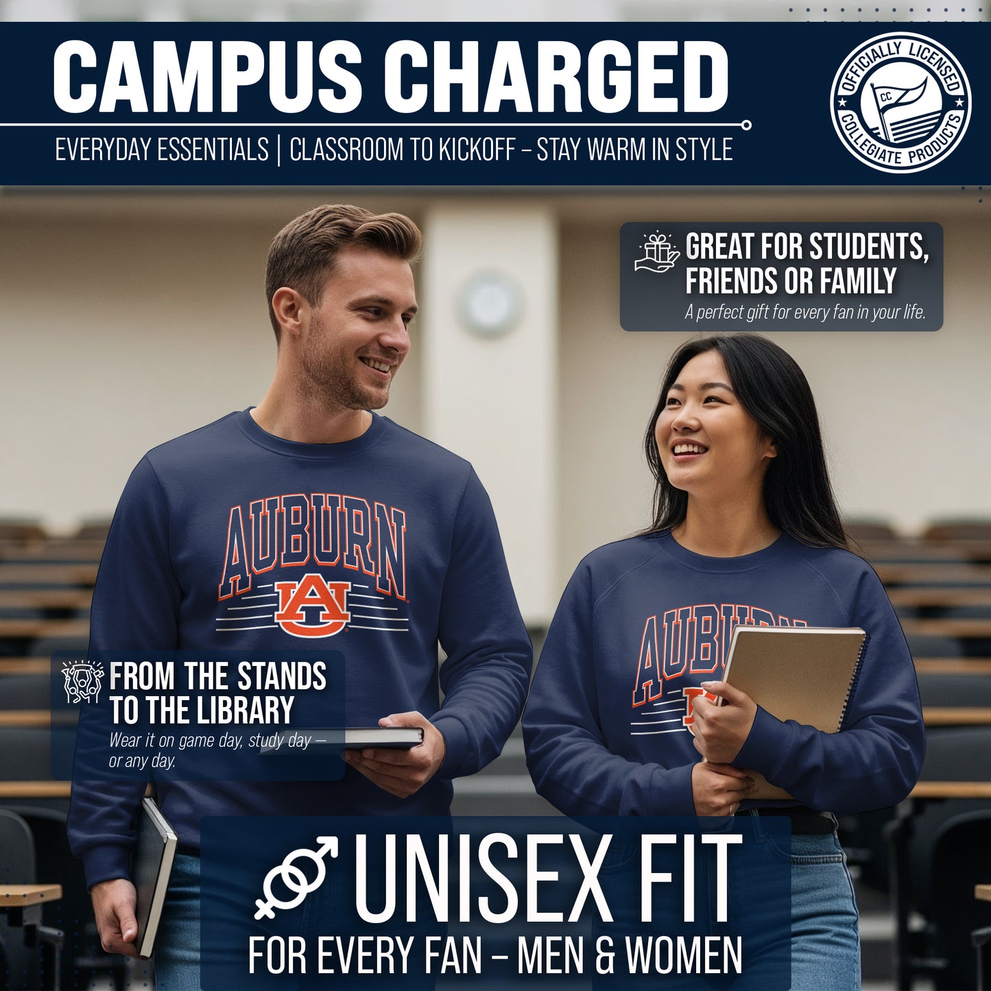 Auburn Tigers NCAA Adult Unisex Overtime Classics Crewneck Fleece Sweatshirt - Navy