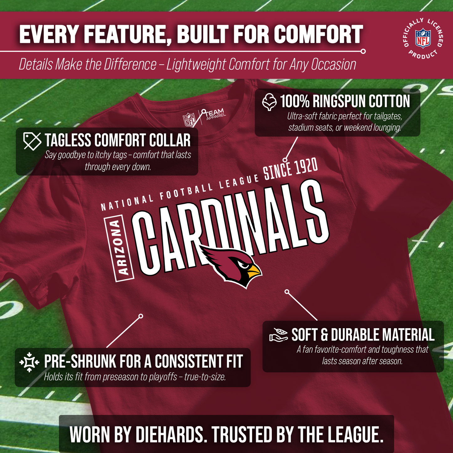 Arizona Cardinals NFL Adult Modern Endzone Tag-Less T-Shirt - Cardinal