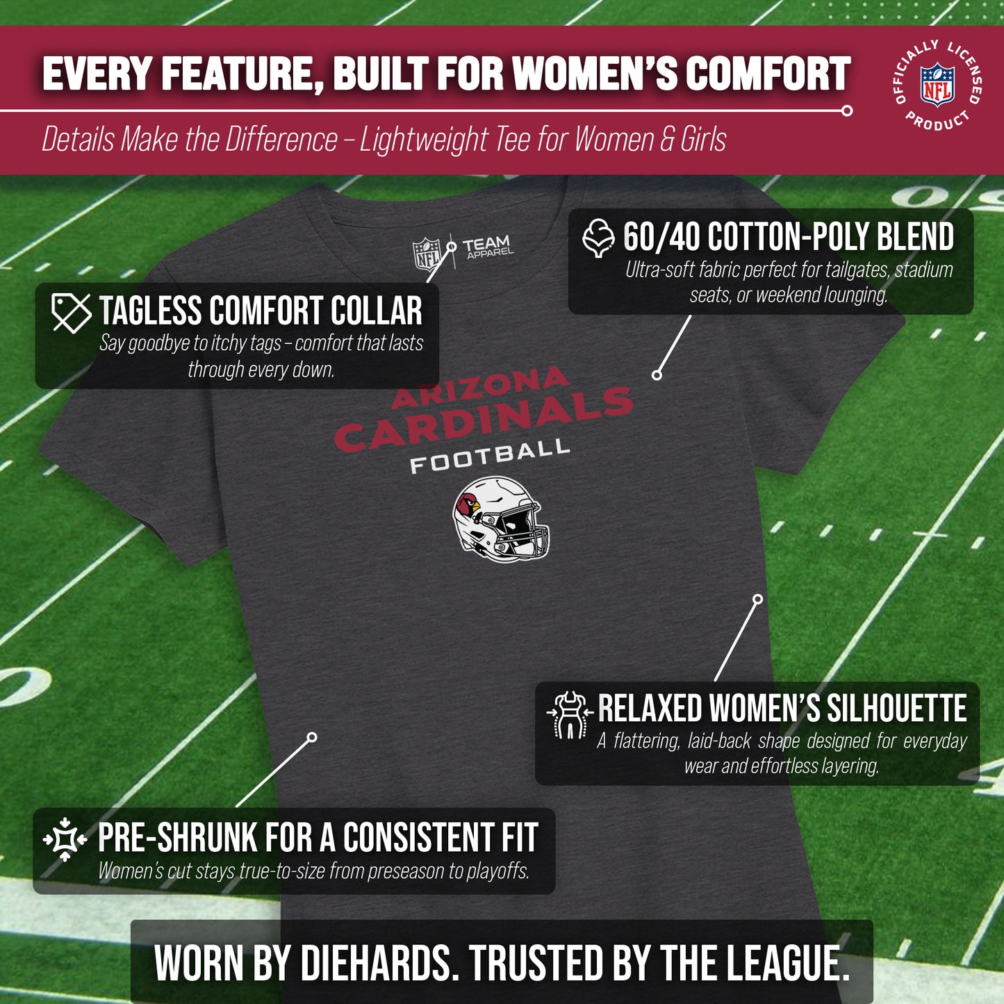 Arizona Cardinals Women's NFL Football Helmet Short Sleeve Tagless T-Shirt - Charcoal