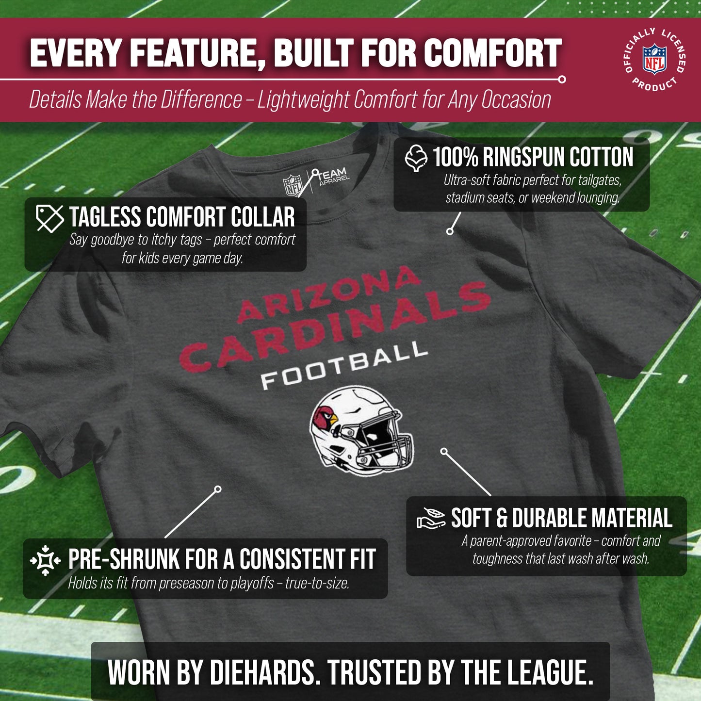 Arizona Cardinals NFL Youth Football Helmet Tagless T-Shirt - Charcoal