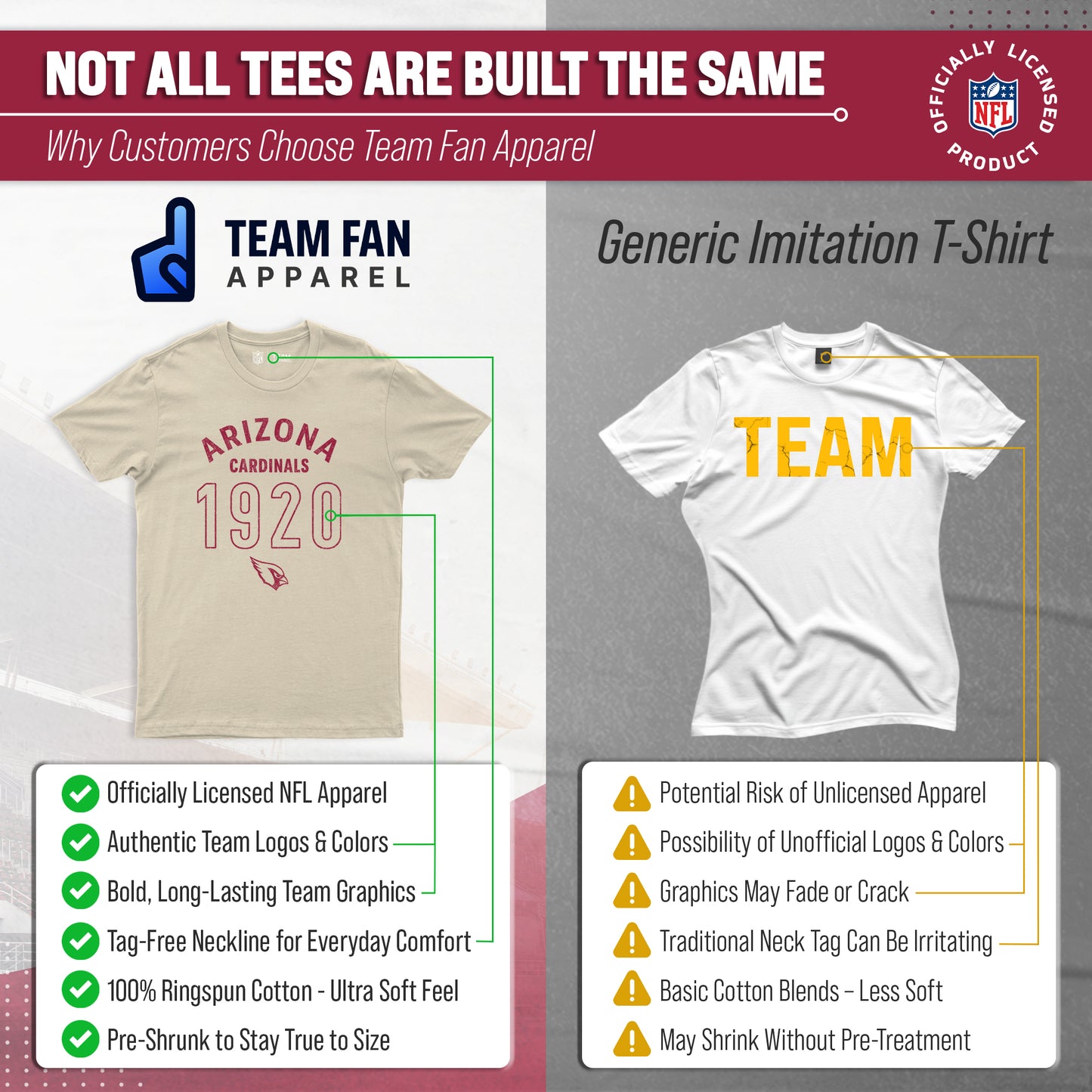 Arizona Cardinals NFL Adult Big Date Tag-Less T-Shirt - Natural