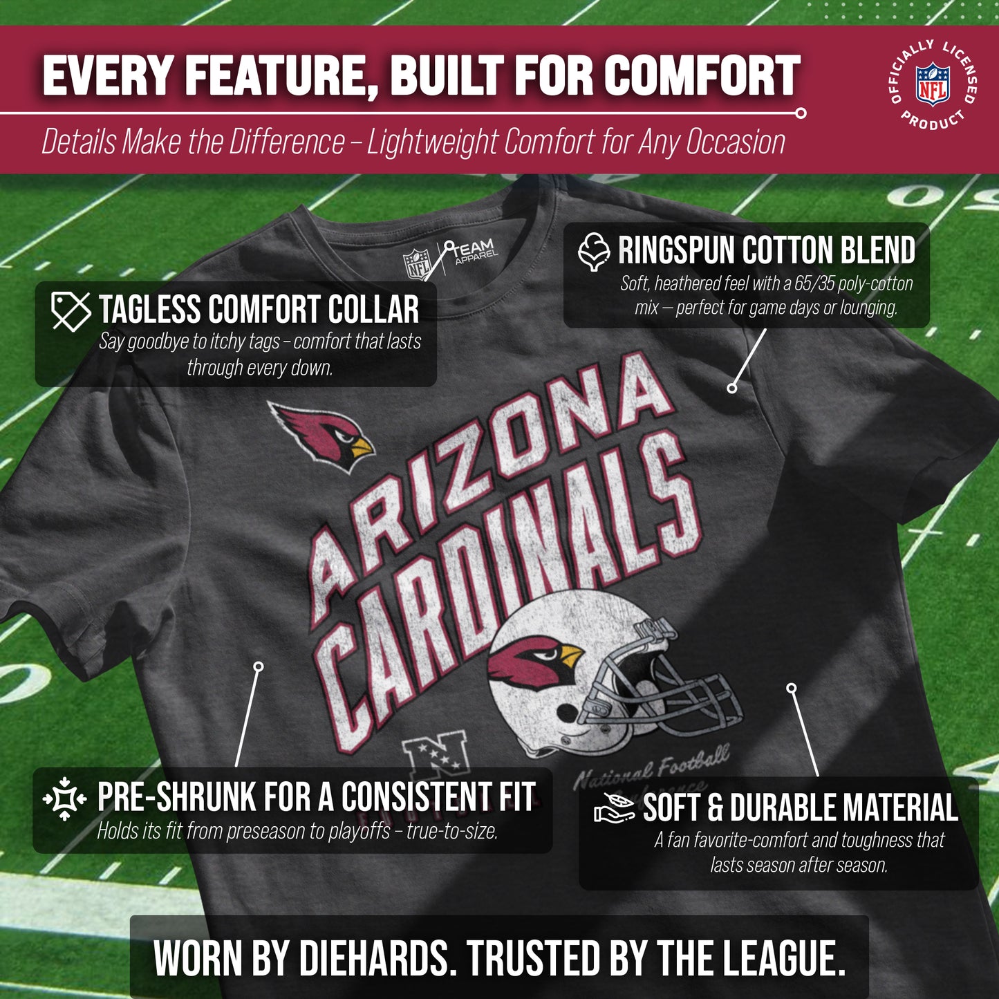 Arizona Cardinals NFL Adult Distressed Helmet Tag-Less T-Shirt - Heather Charcoal