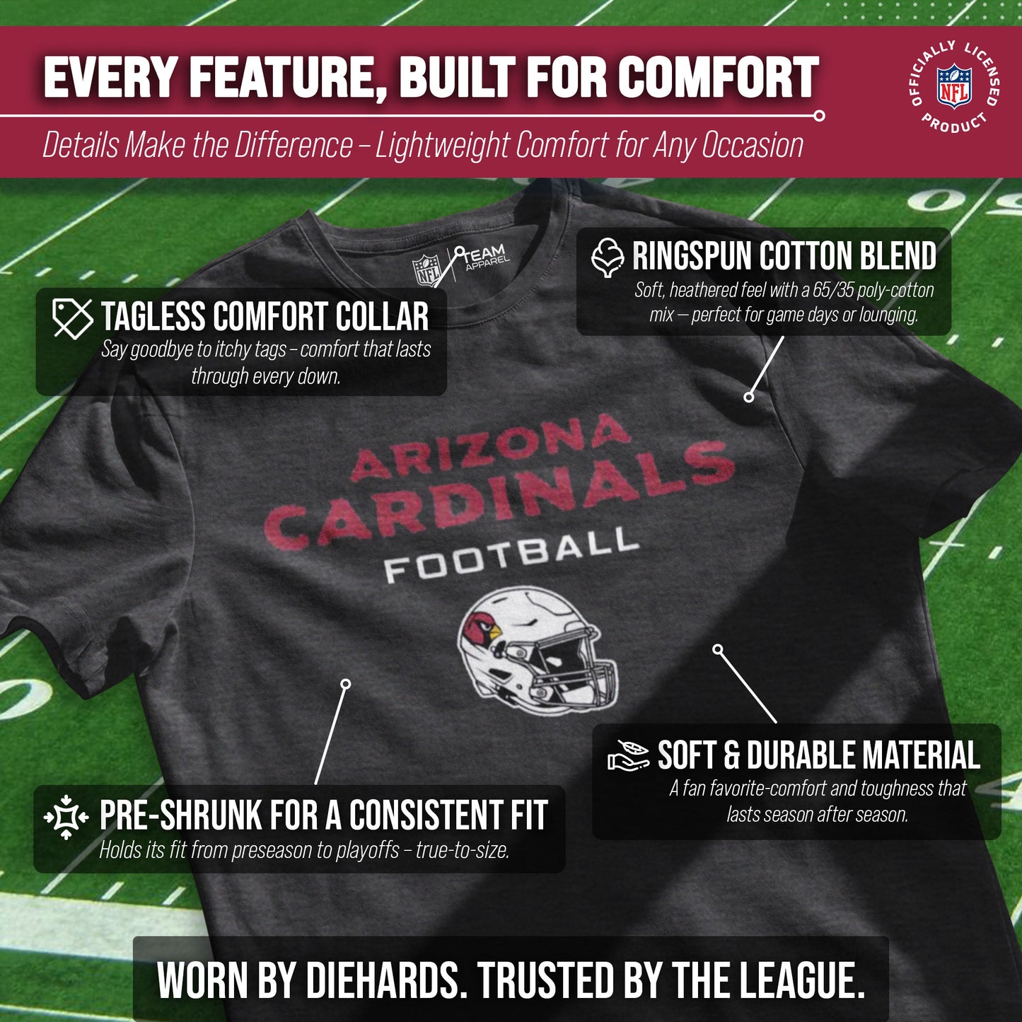Arizona Cardinals NFL Adult Football Helmet Tagless T-Shirt - Charcoal