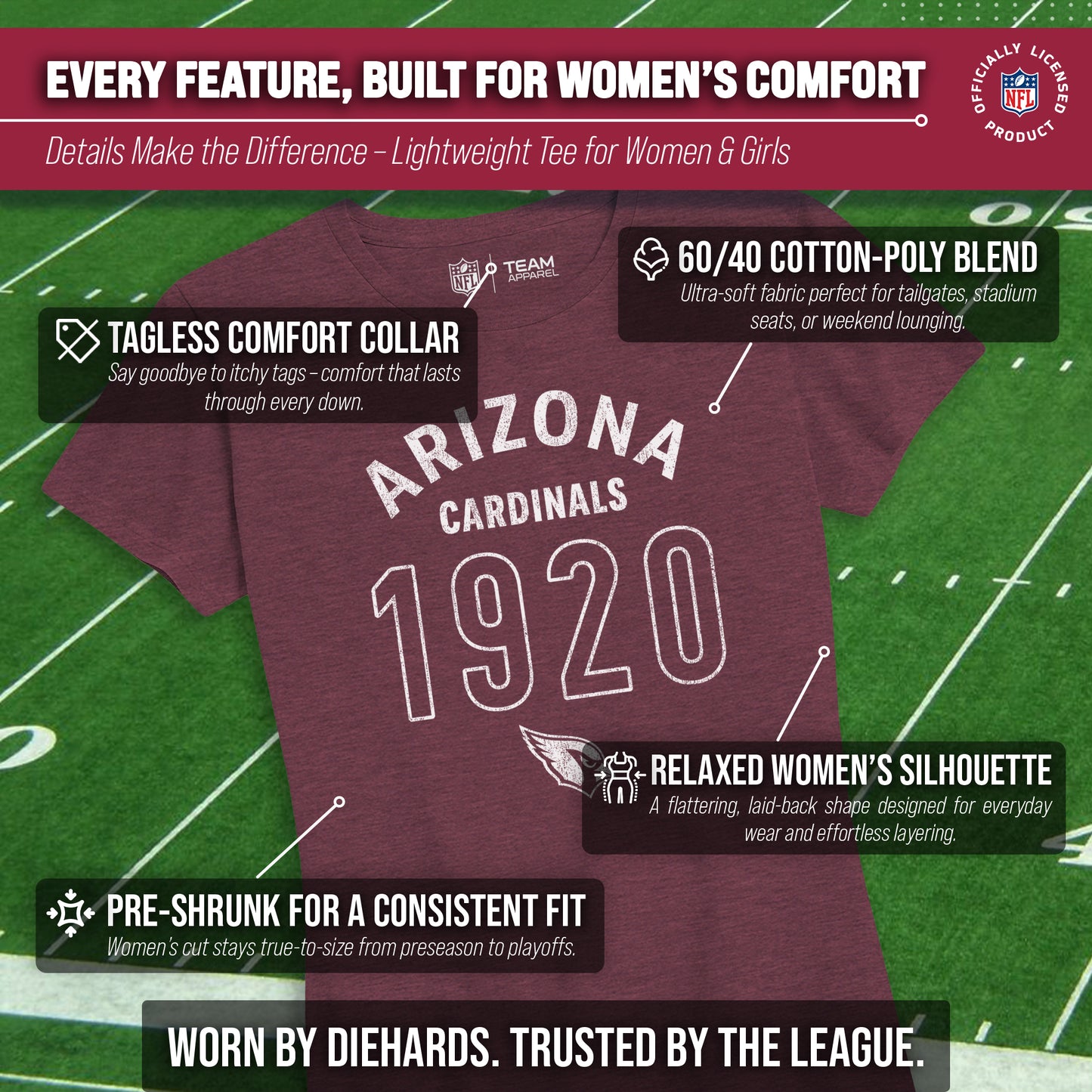 Arizona Cardinals NFL Womens Big Date Tag-Less T-Shirt - Maroon Heather
